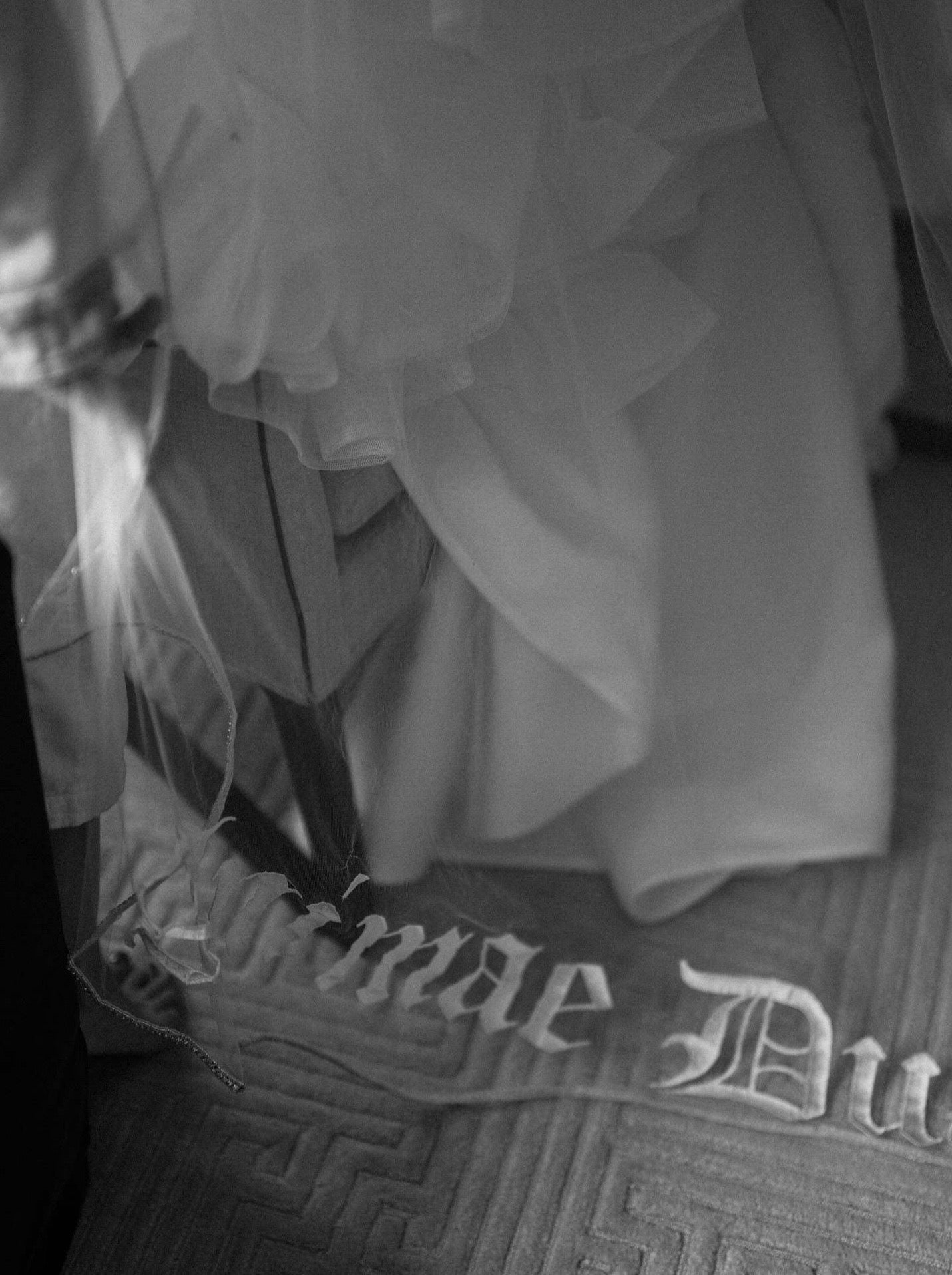 romantic embroidered words on bottom of rhinestone cathedral wedding veil