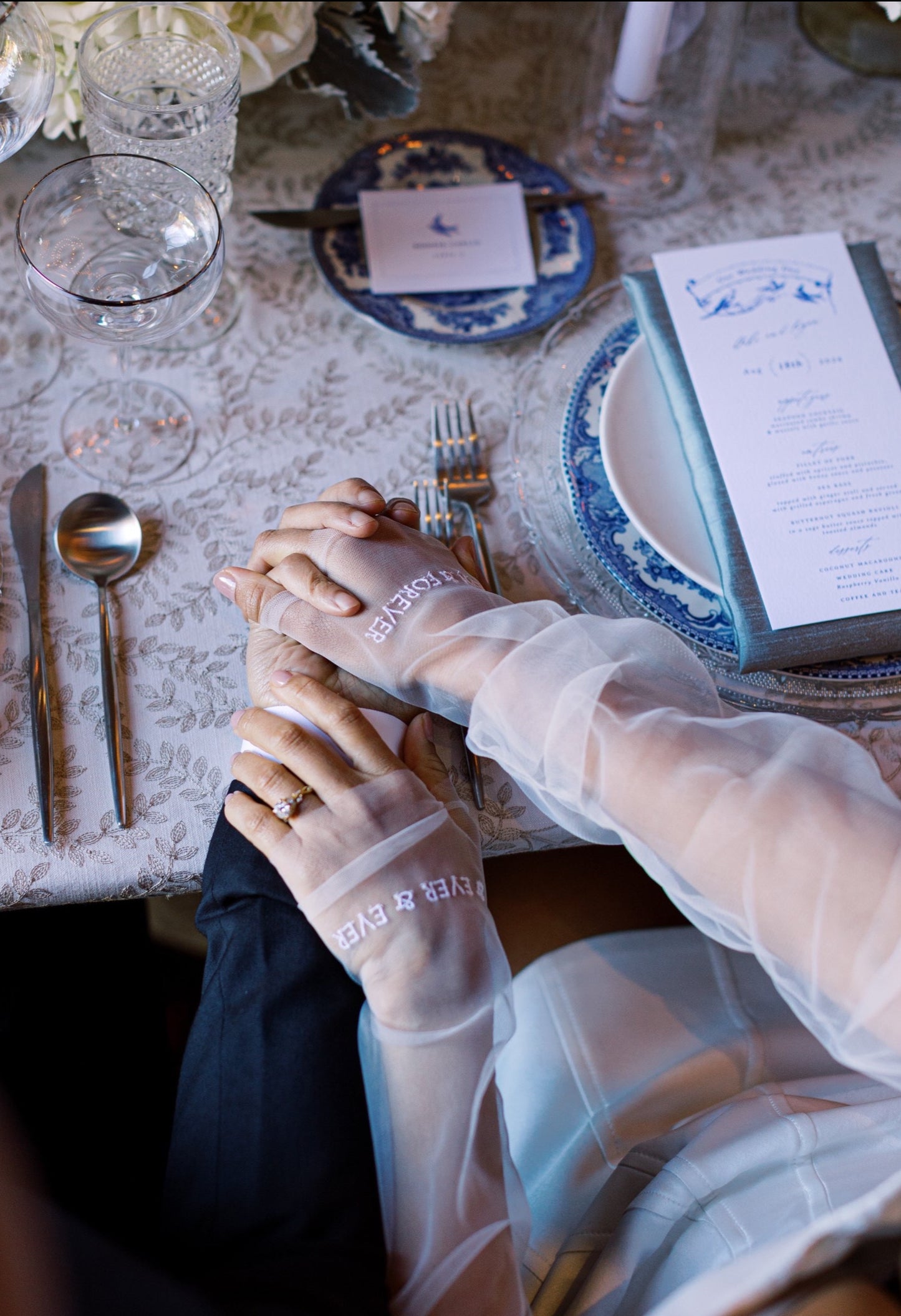 Tulle stretchy opera length embroidered glove set with text for Desert Elopement Wedding Day Looks