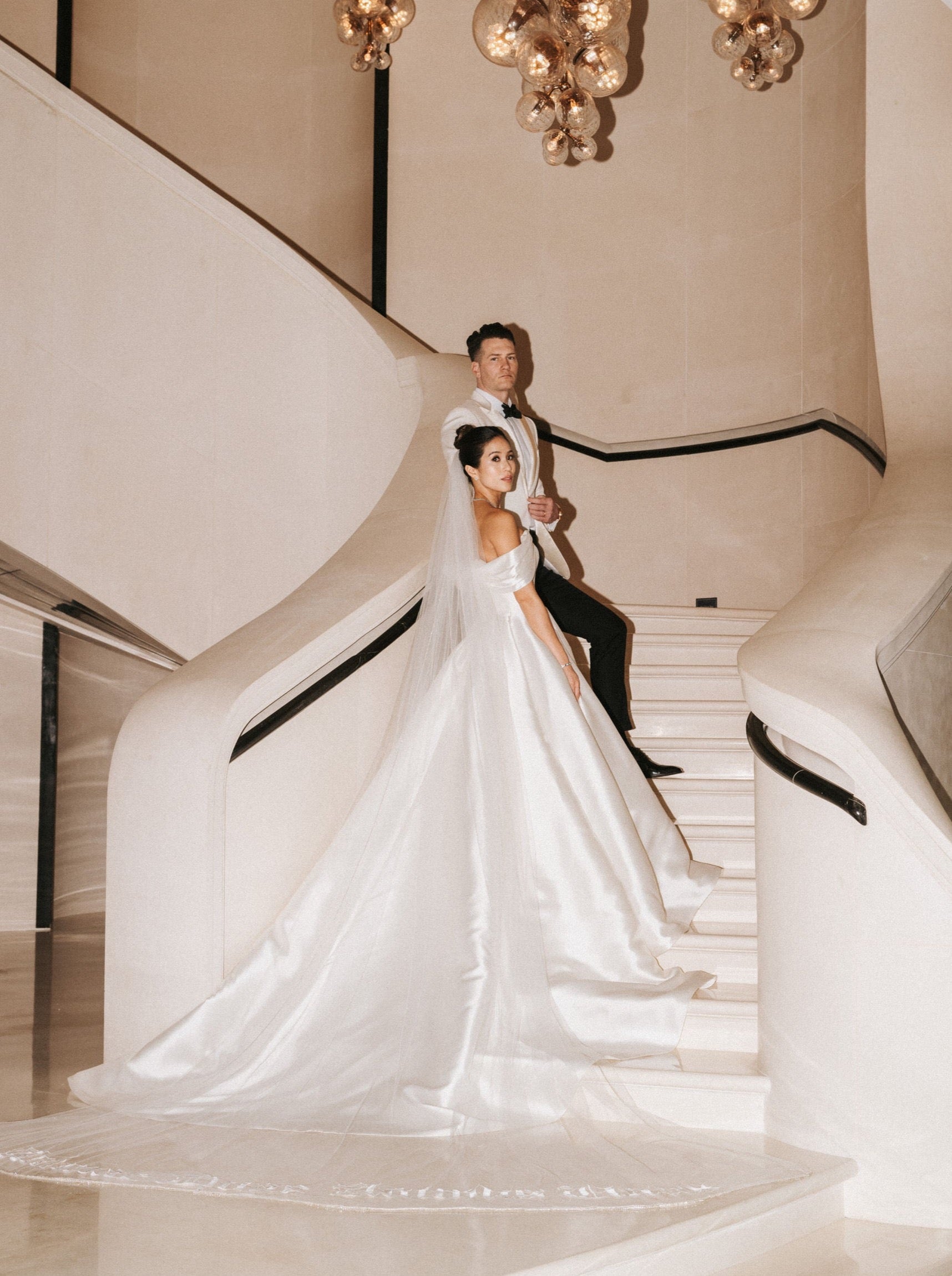 long tulle bridal veil with embroidered phrase on bottom like Hailey Bieber