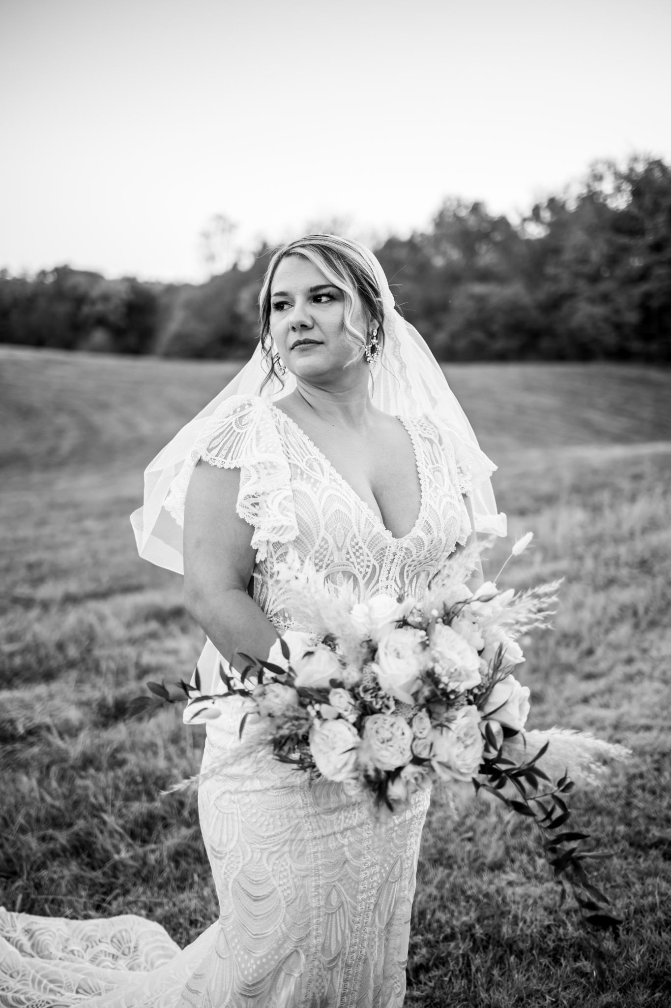 V neck bridal gown and Juliet cap style wedding veil over bride's updo