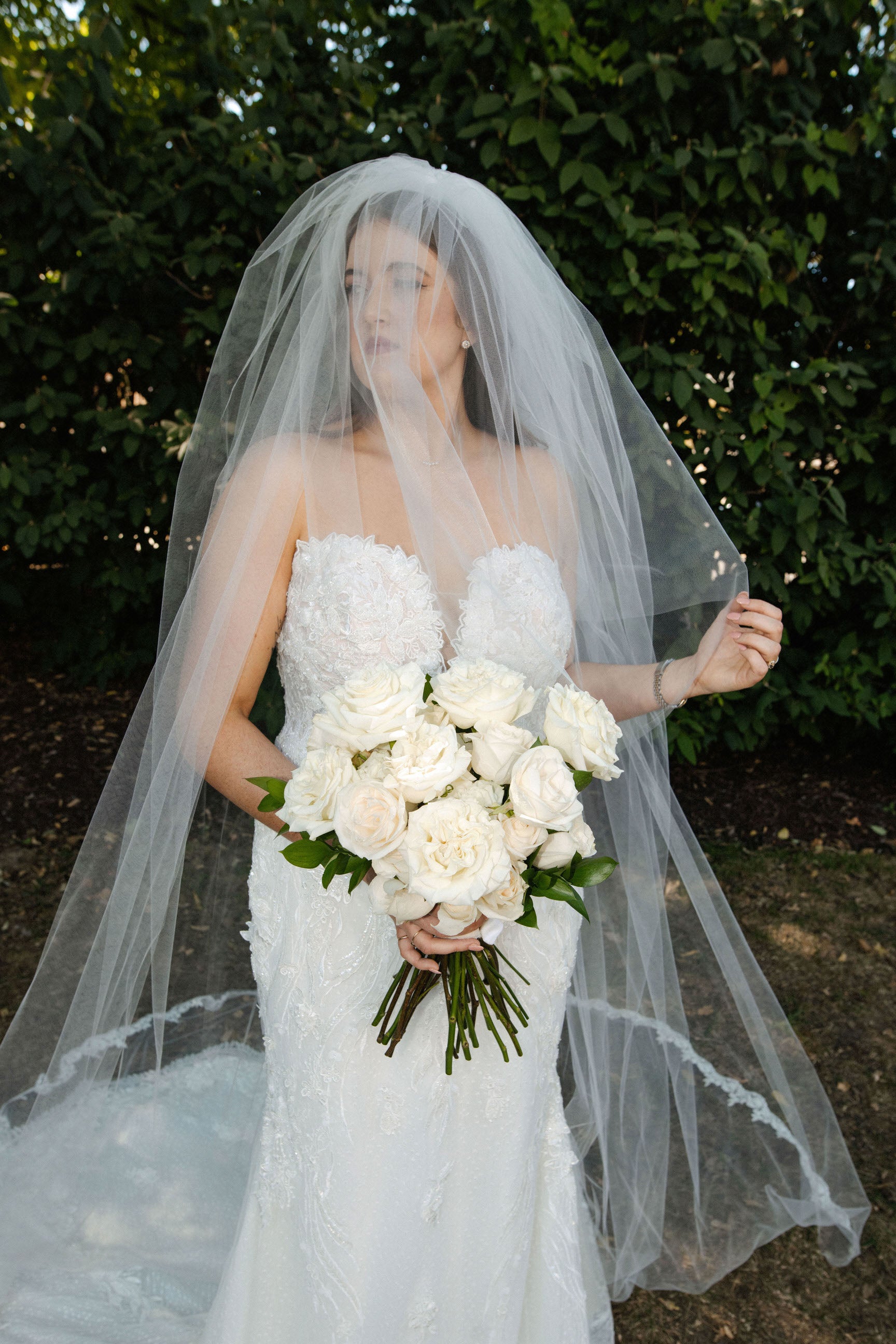Cathedral Drop Veil with French Lace Trim and Blusher in White