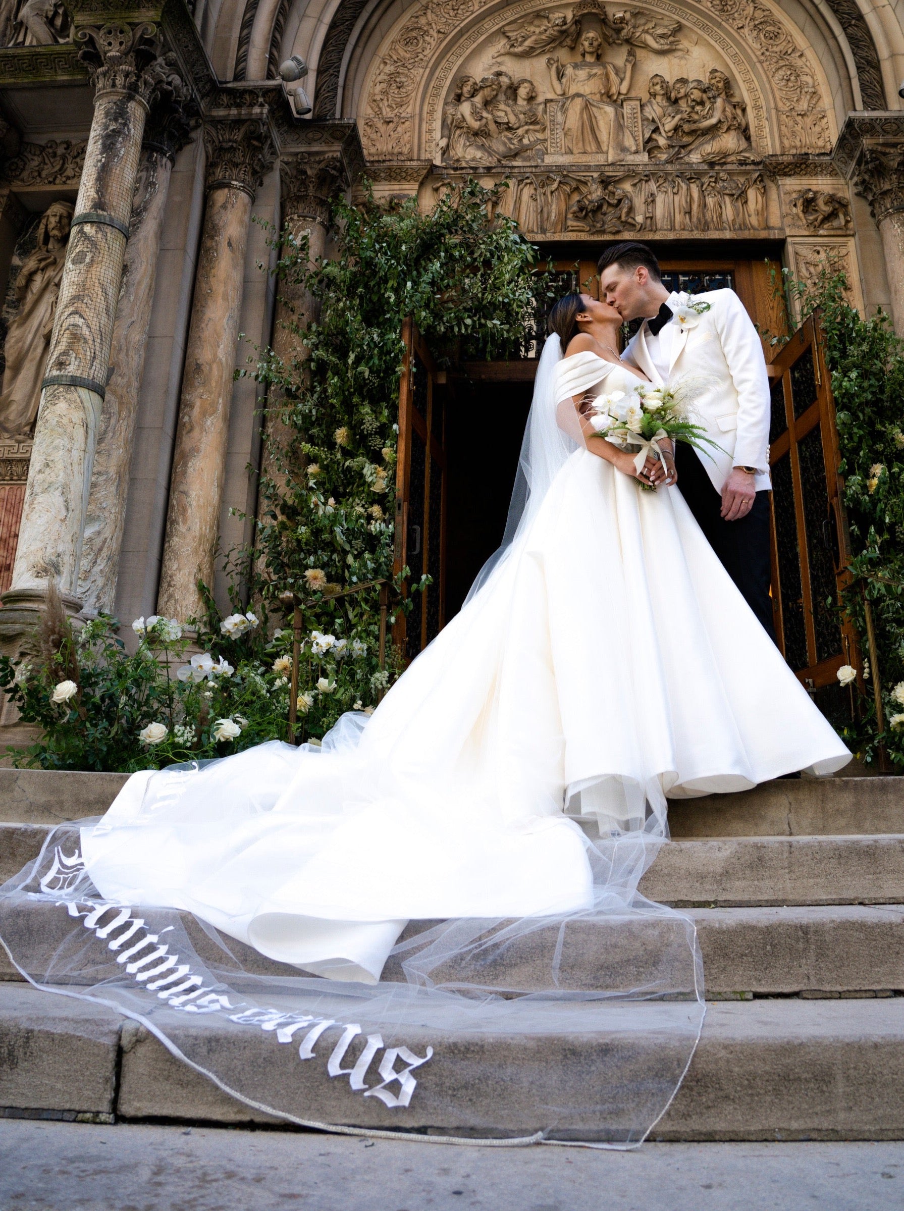 cathedral length church wedding veil with custom Latin phrase on bottom