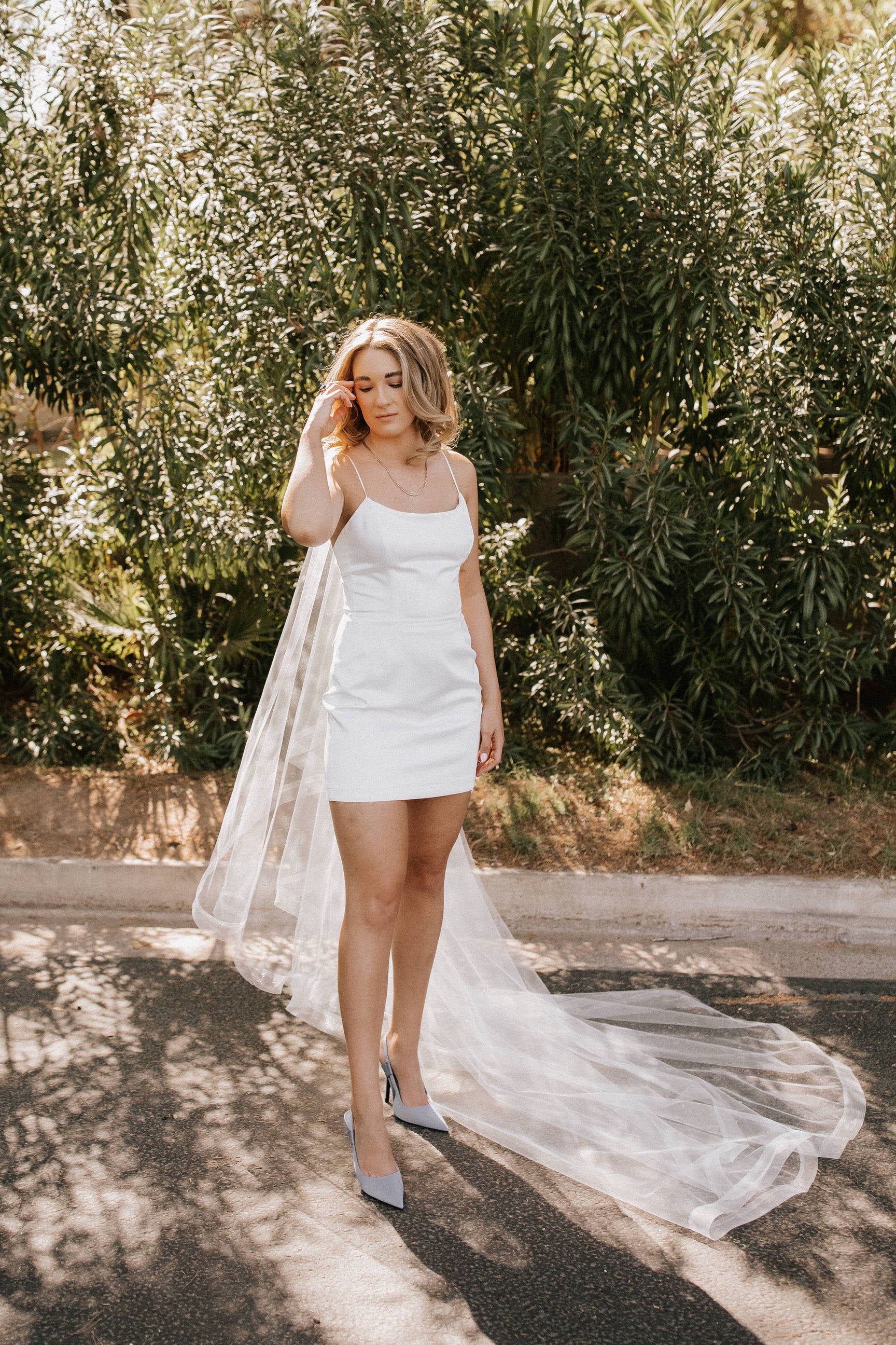 elopement wedding styled long cathedral wedding veil with ribbon