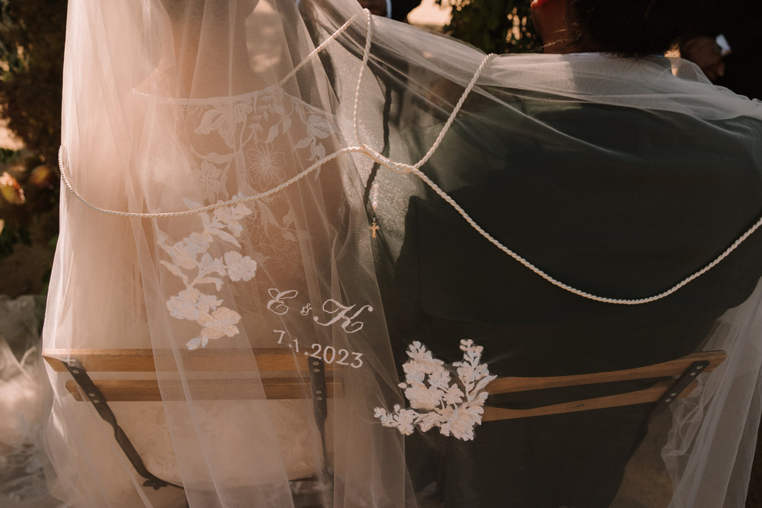 embroidered initials on white unity veil with appliqués over couple's shoulders