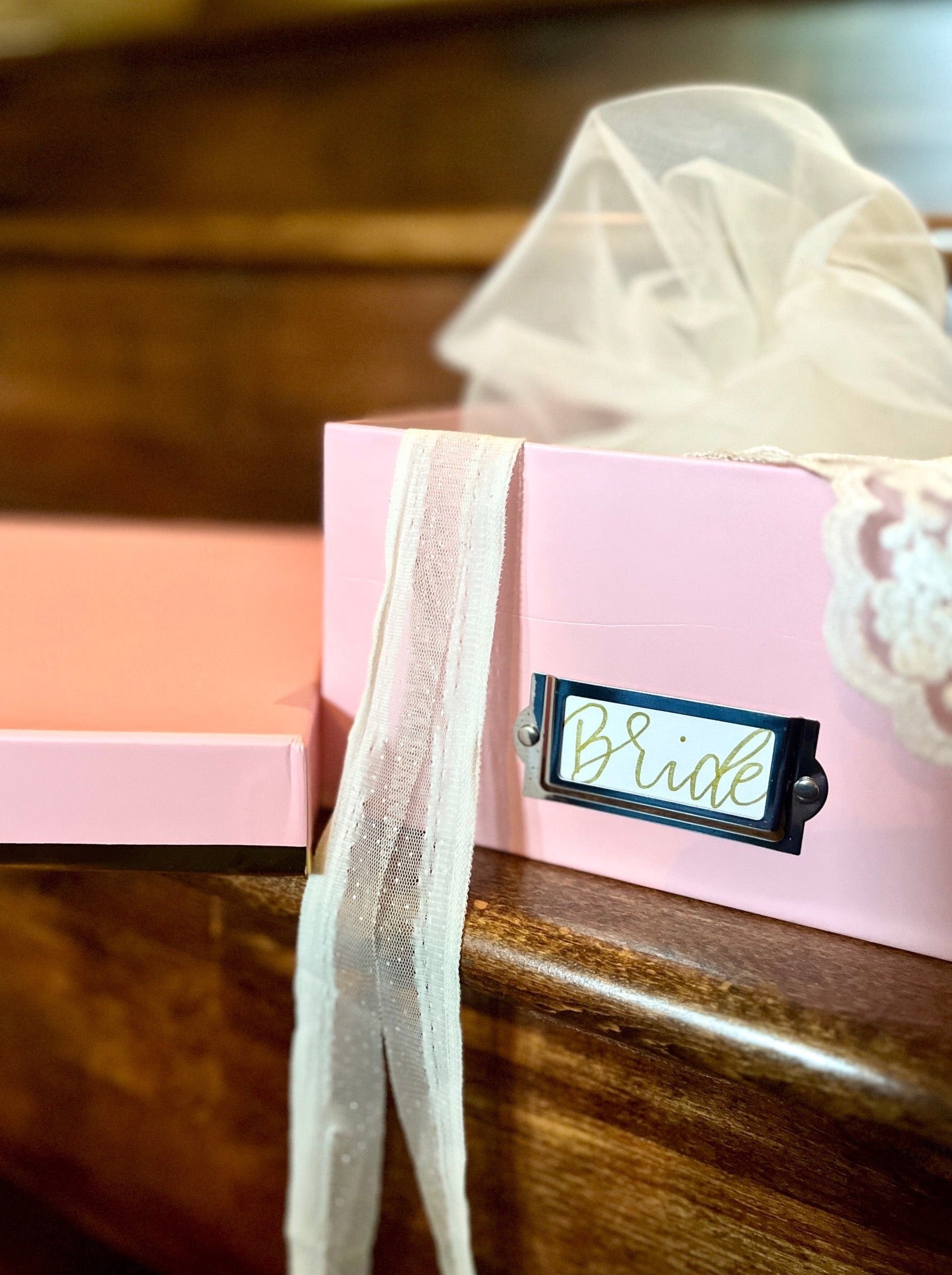 pink bridal veil keepsake box with veil making supplies for diy brides