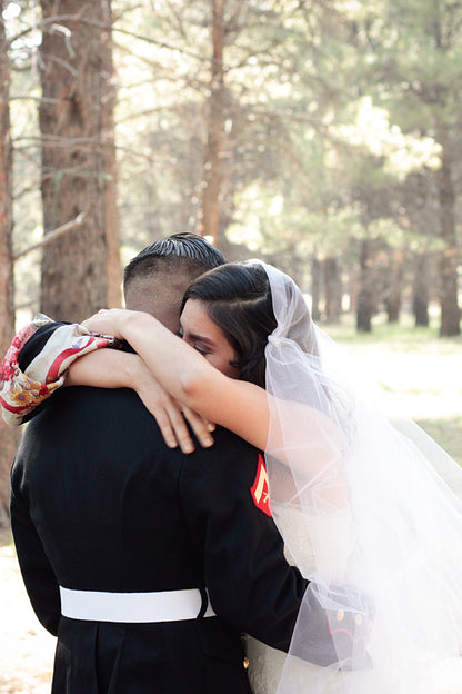 military wedding with bride wearing two layer Juliet cap bridal veil with rhinestone brooches