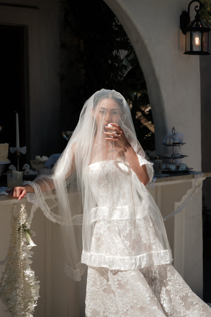 two tier bridal veil lace edges