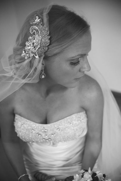 beaded swirl applique Juliet cap wedding veil with strapless rhinestone bridal gown