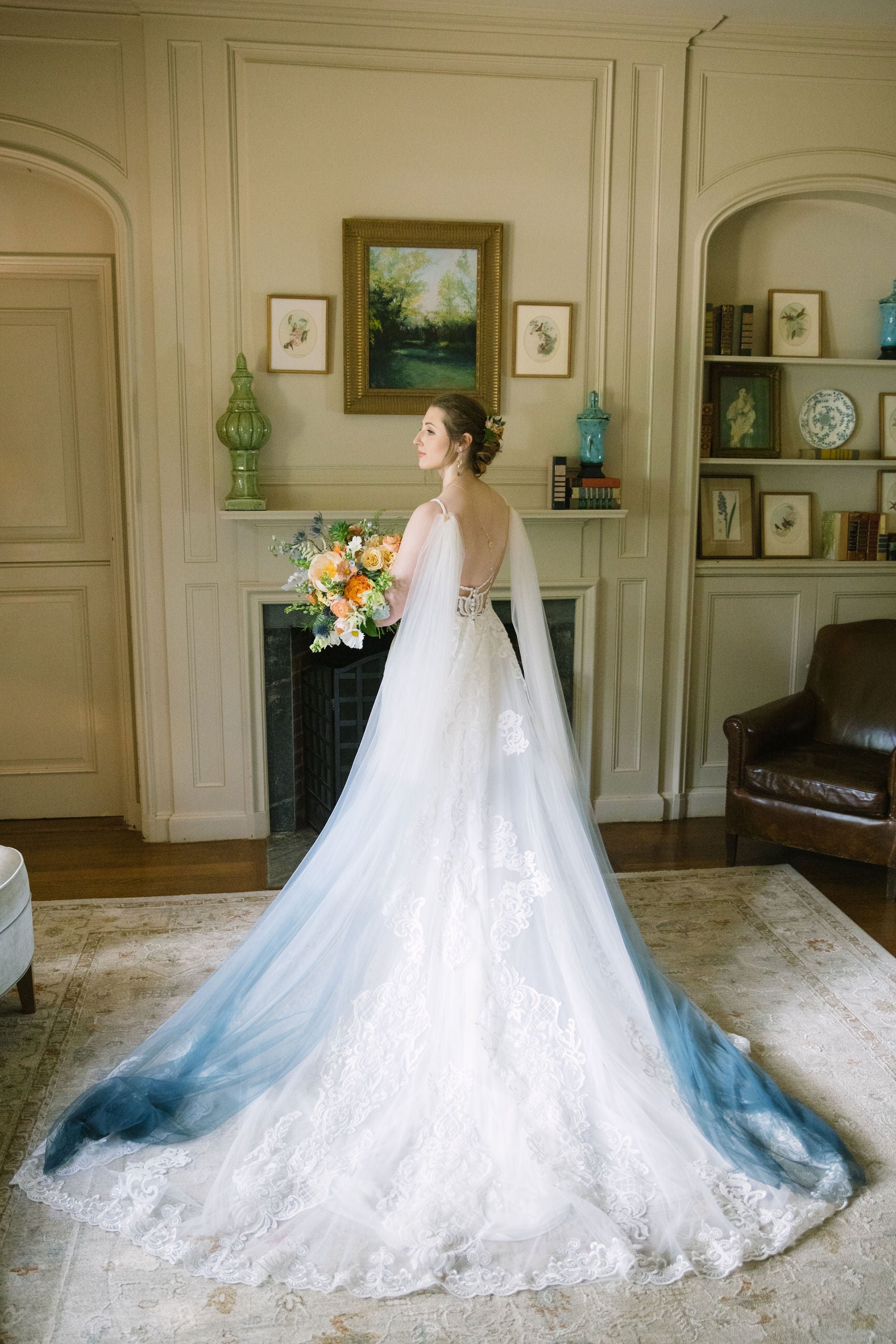 Ombre Navy Blue Draped Wedding Cape, Grecian Wrap Soft White / Cathedral 108 inches Ombre Navy Blue Draped Wedding Cape, Grecian Wrap Soft White / Cathedral 108 inches