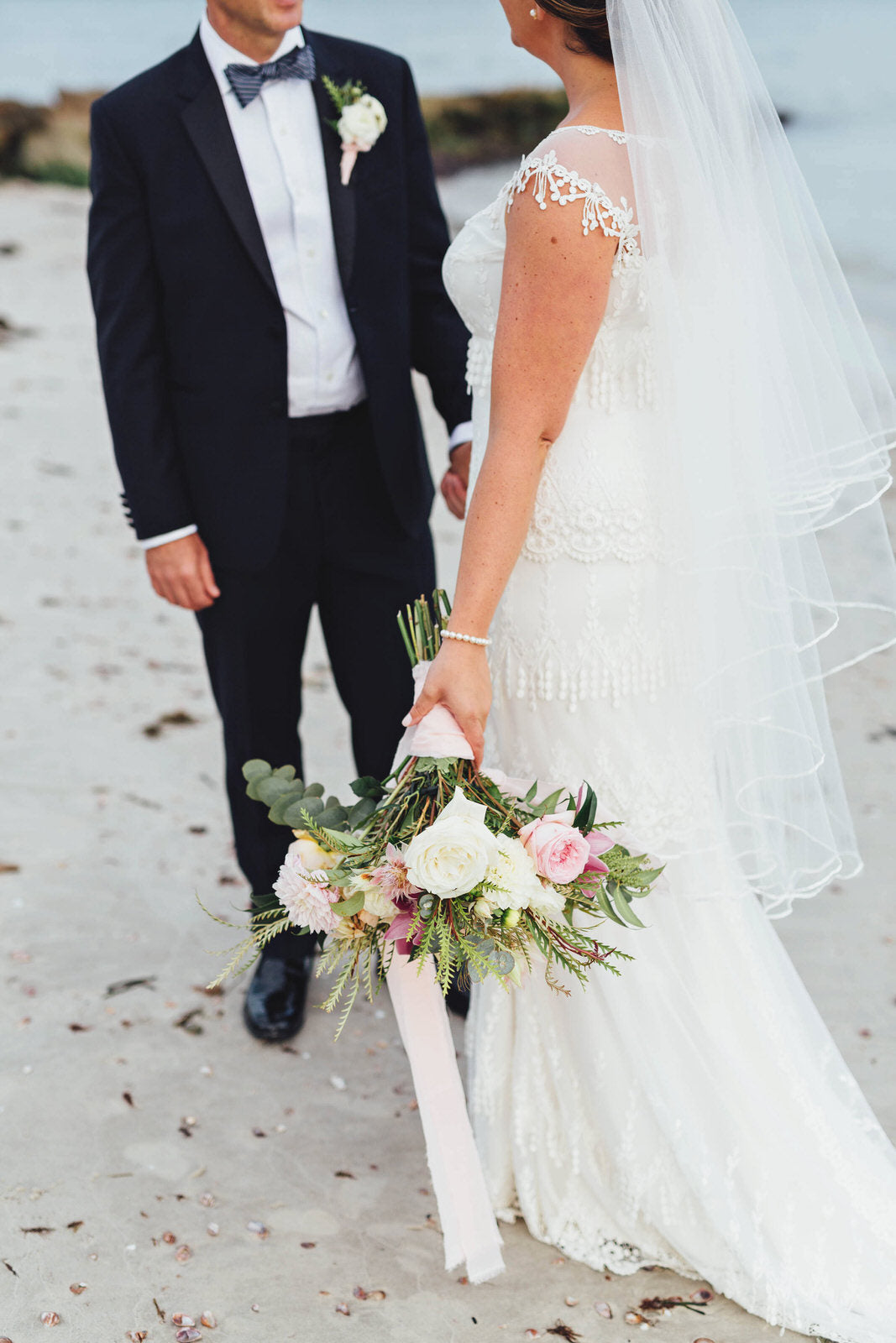 boho fringe beach wedding dress with angel cut cascading ribbon edge bridal veil