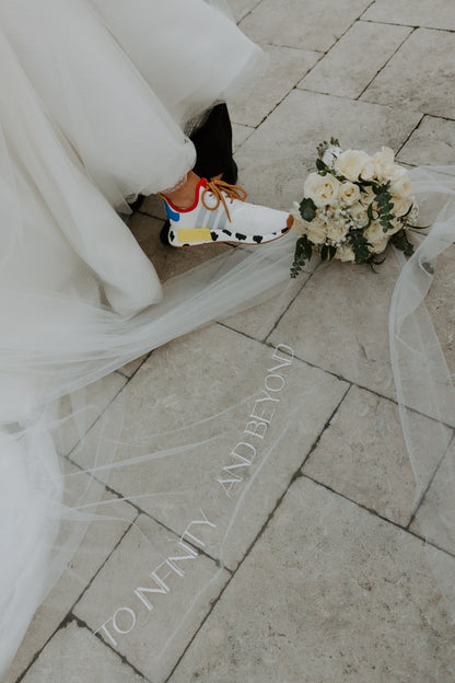 simple all caps embroidered wedding veil for Toy Story wedding