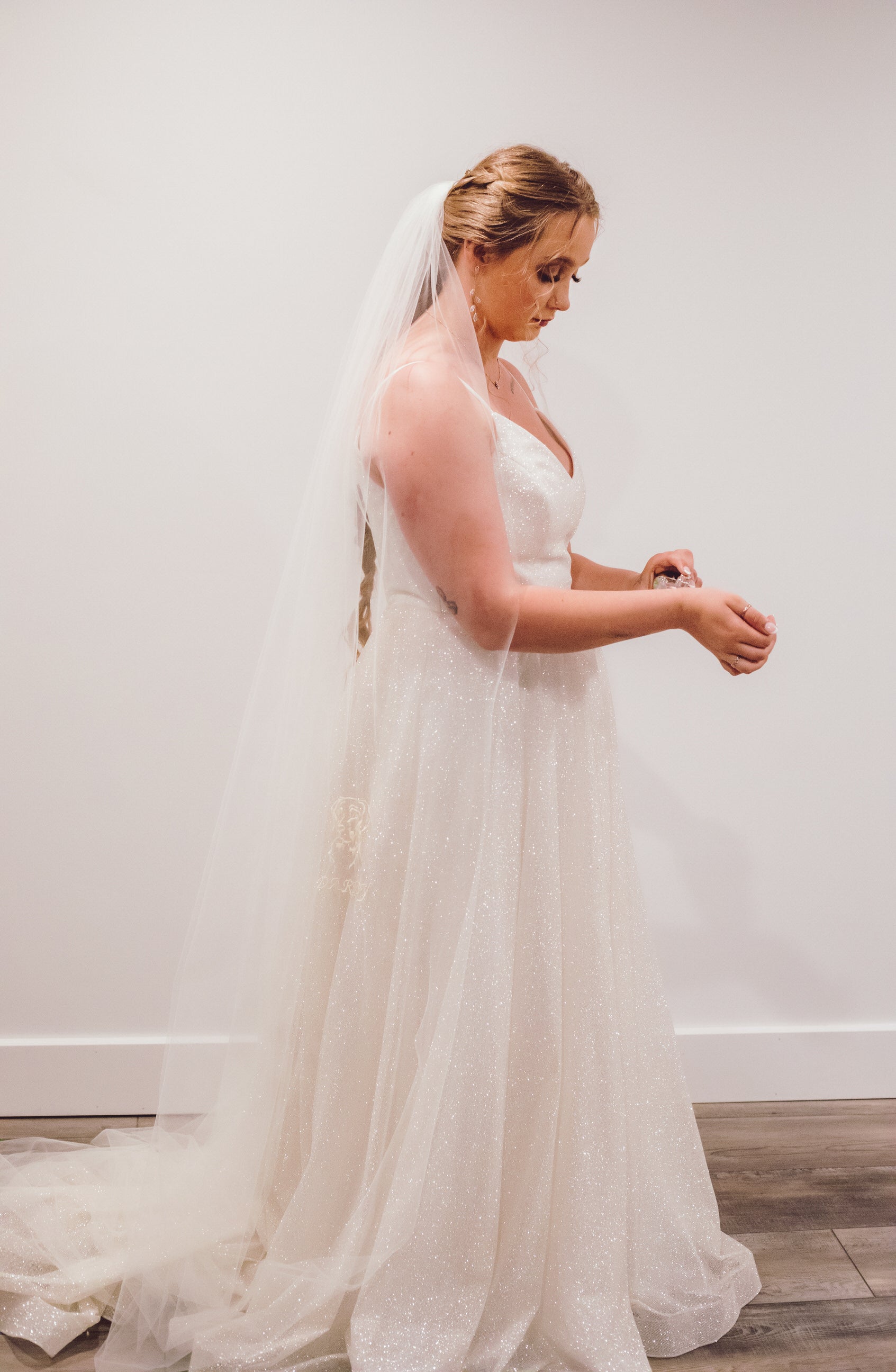 bride in sparkly wedding dress with long bridal veil with pet embroidery