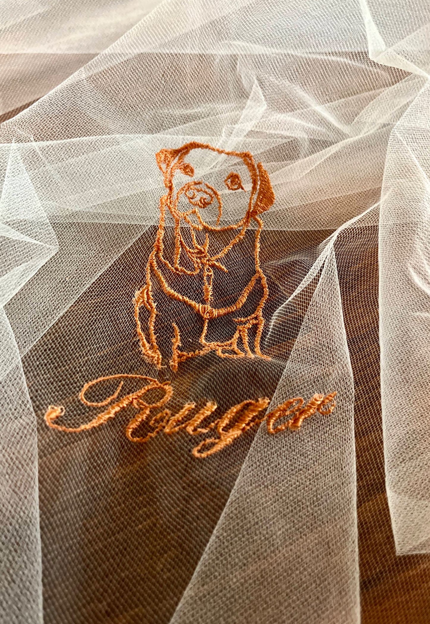 English lab embroidery portrait on wedding veil with pet's name in script text
