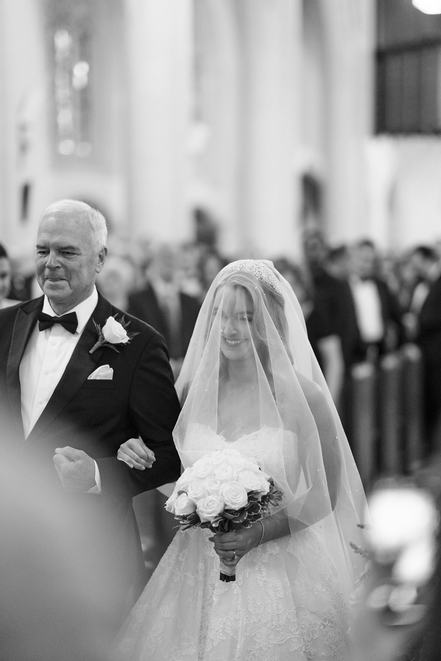 dew drop rhinestone blusher wedding veil over face as dad walks her down the aisle