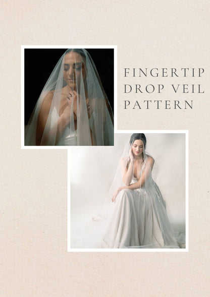A digital preview graphic for a bridal veil pattern, featuring two photos of a woman wearing a fingertip drop veil. The top photo shows her against a black background, and the bottom photo shows her seated in a white gown against a white background.