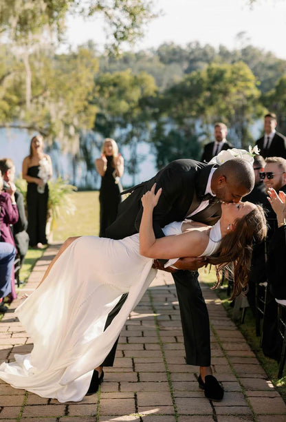 post wedding kiss with silk satin long bridal scarf on neck