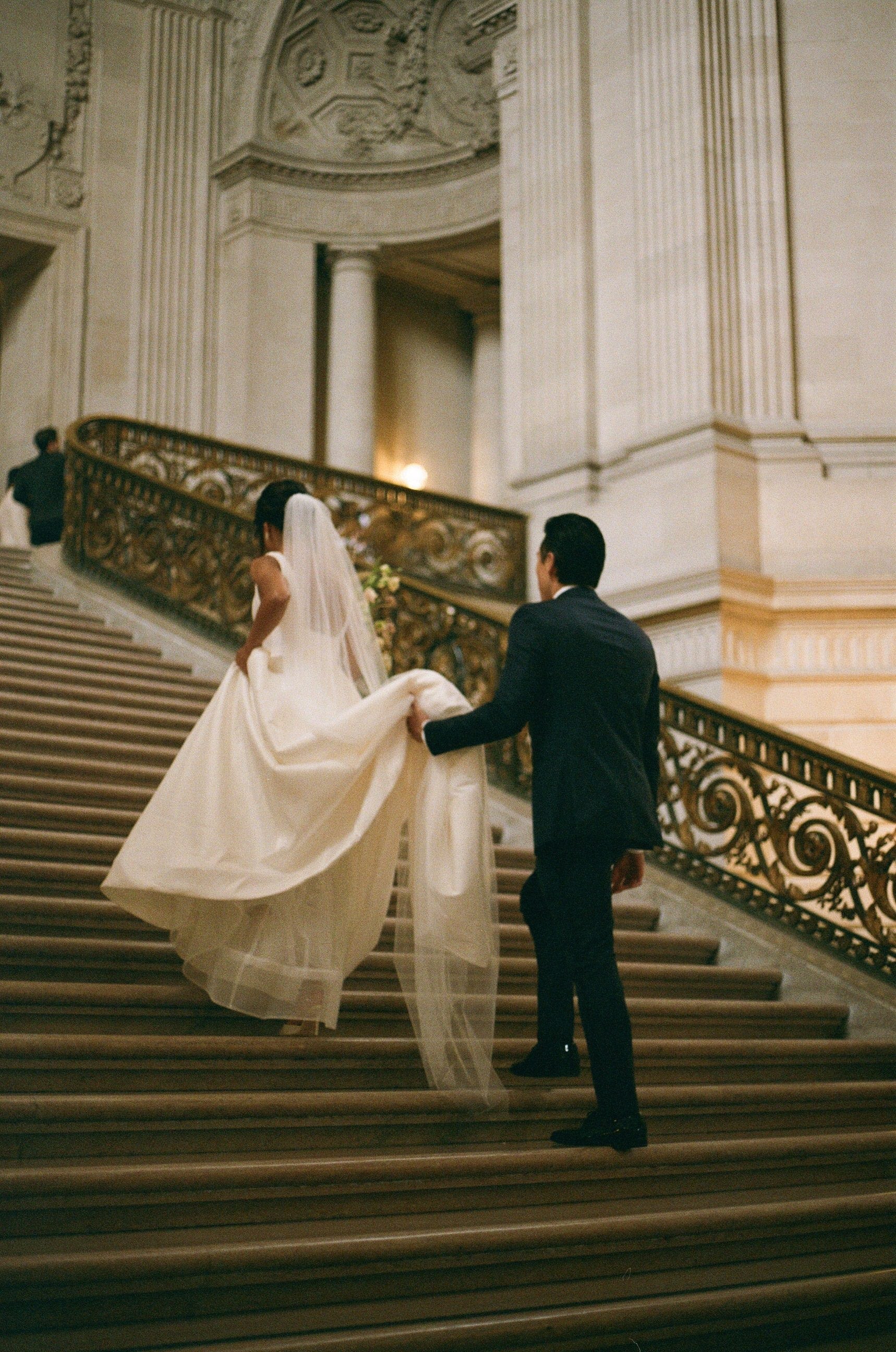 simple elegant long bridal veil with classic A line mikado bridal dress