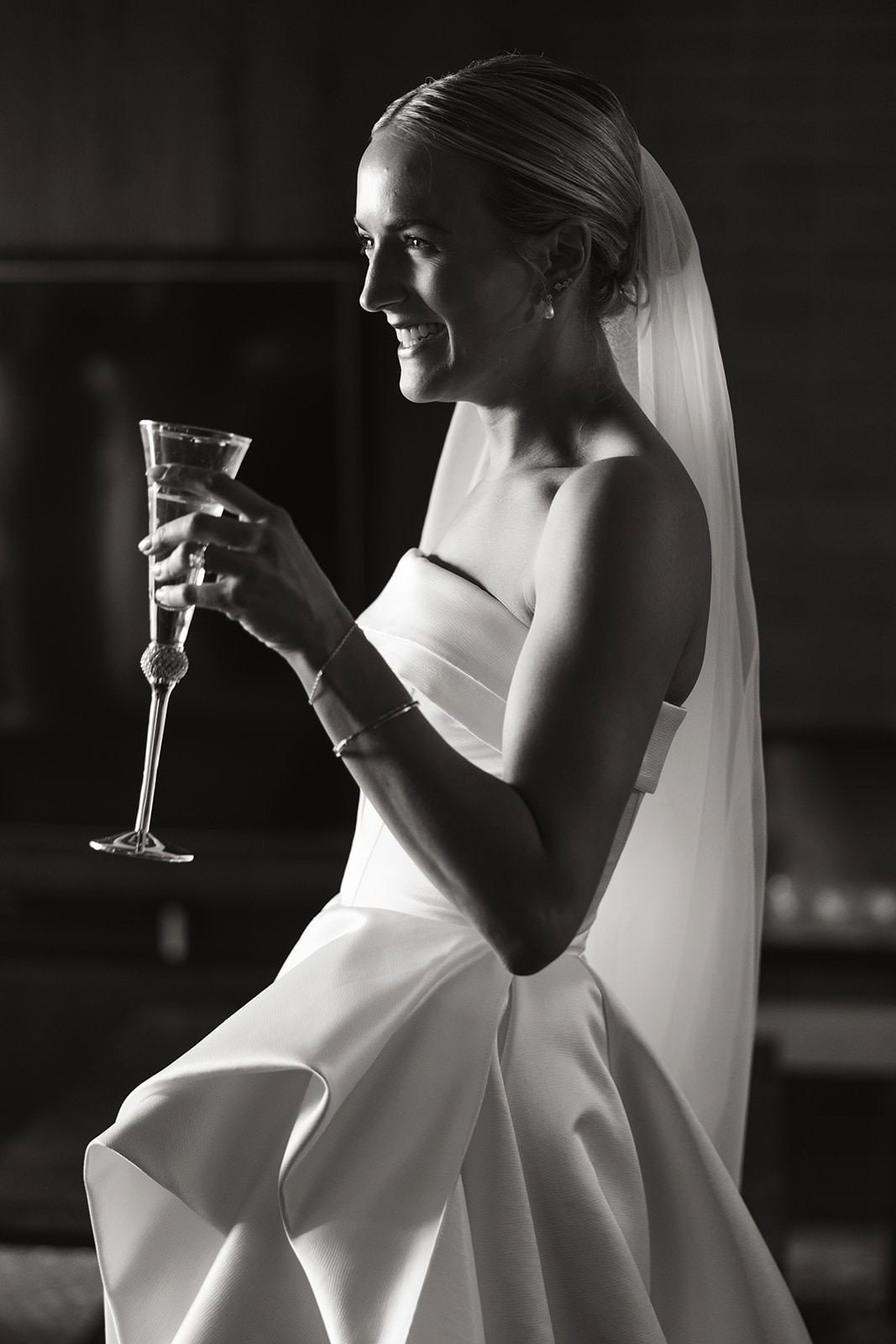 elegant drop bridal veil on structured strapless bridal gown