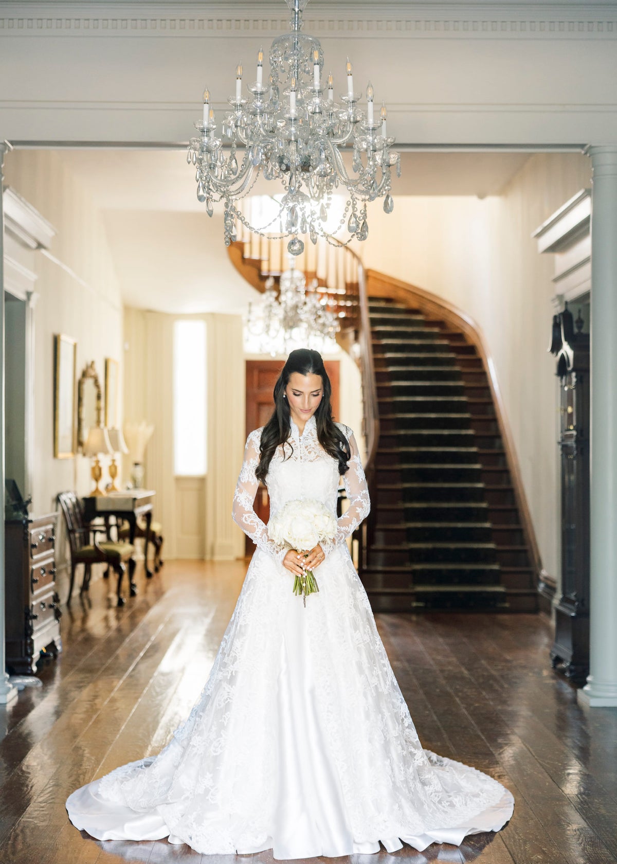 long sleeve lace bridal cape in ivory with buttons down front and mandarin collar