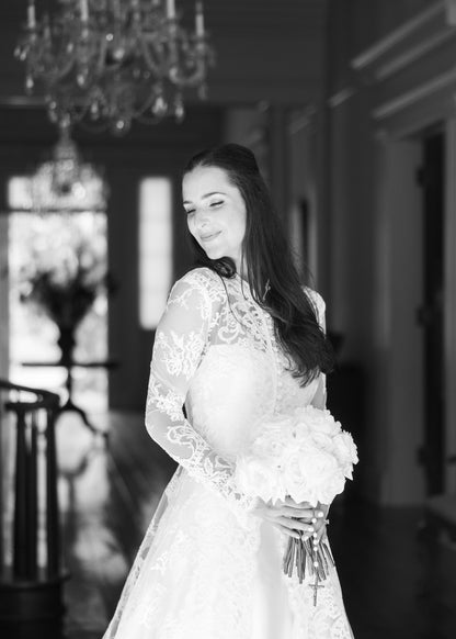 long sleeve lace bridal cloak in ivory with buttons down front and matching lace mantilla bridal veil