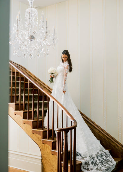 long sleeve bolero bridal cloak with long lace train