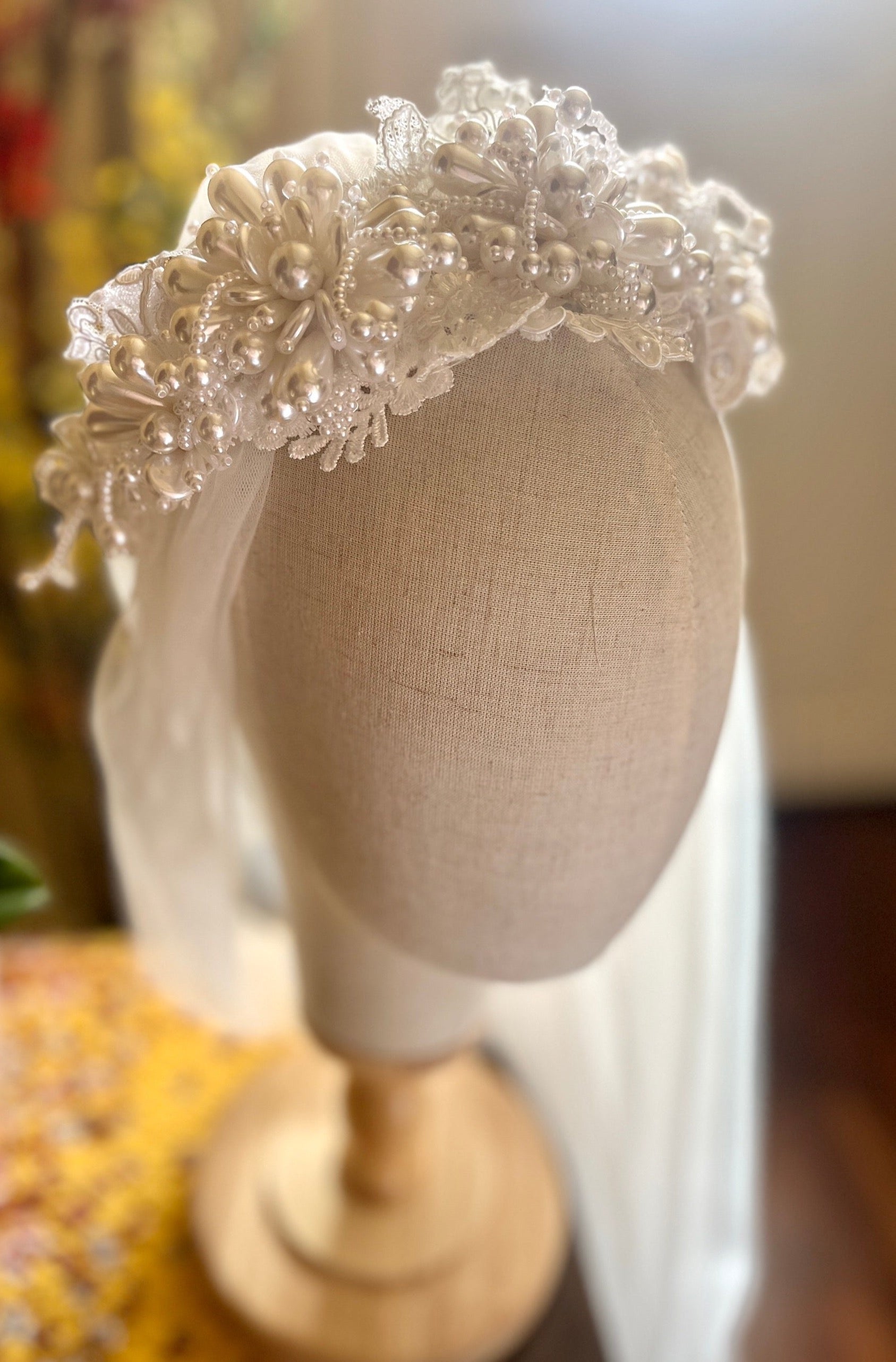 intricate pearl beaded long wedding veil with headpiece