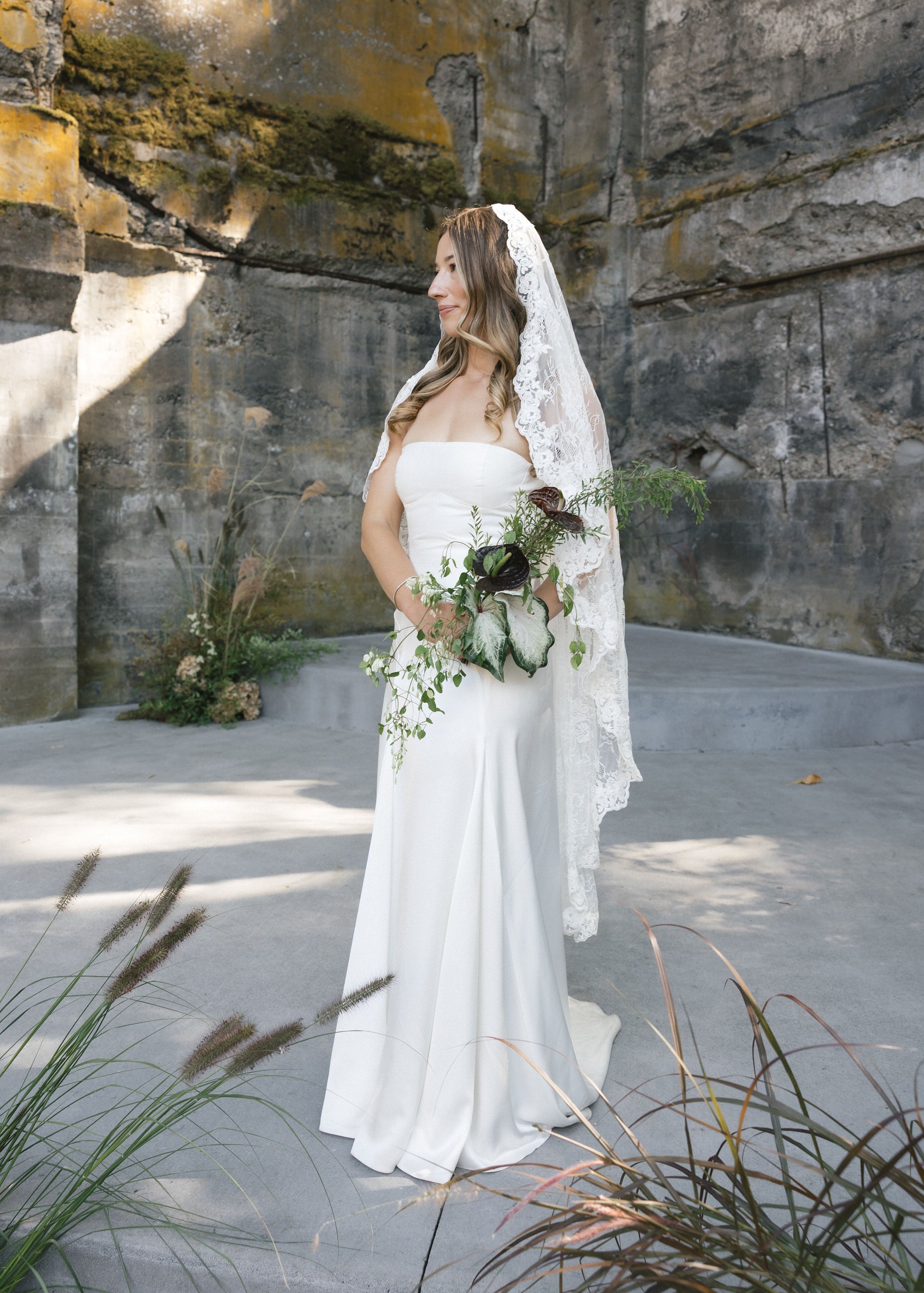 Chantilly Lace Mantilla Wedding Veil, Knee Length in Off White Knee Length Chantilly Lace Mantilla Wedding Veil, Knee Length in Off White Knee Length