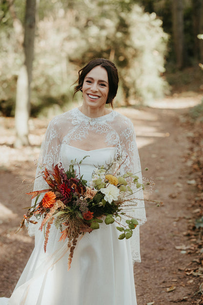 Scotland wedding with chantilly lace neck bridal shawl wrap over strapless dress