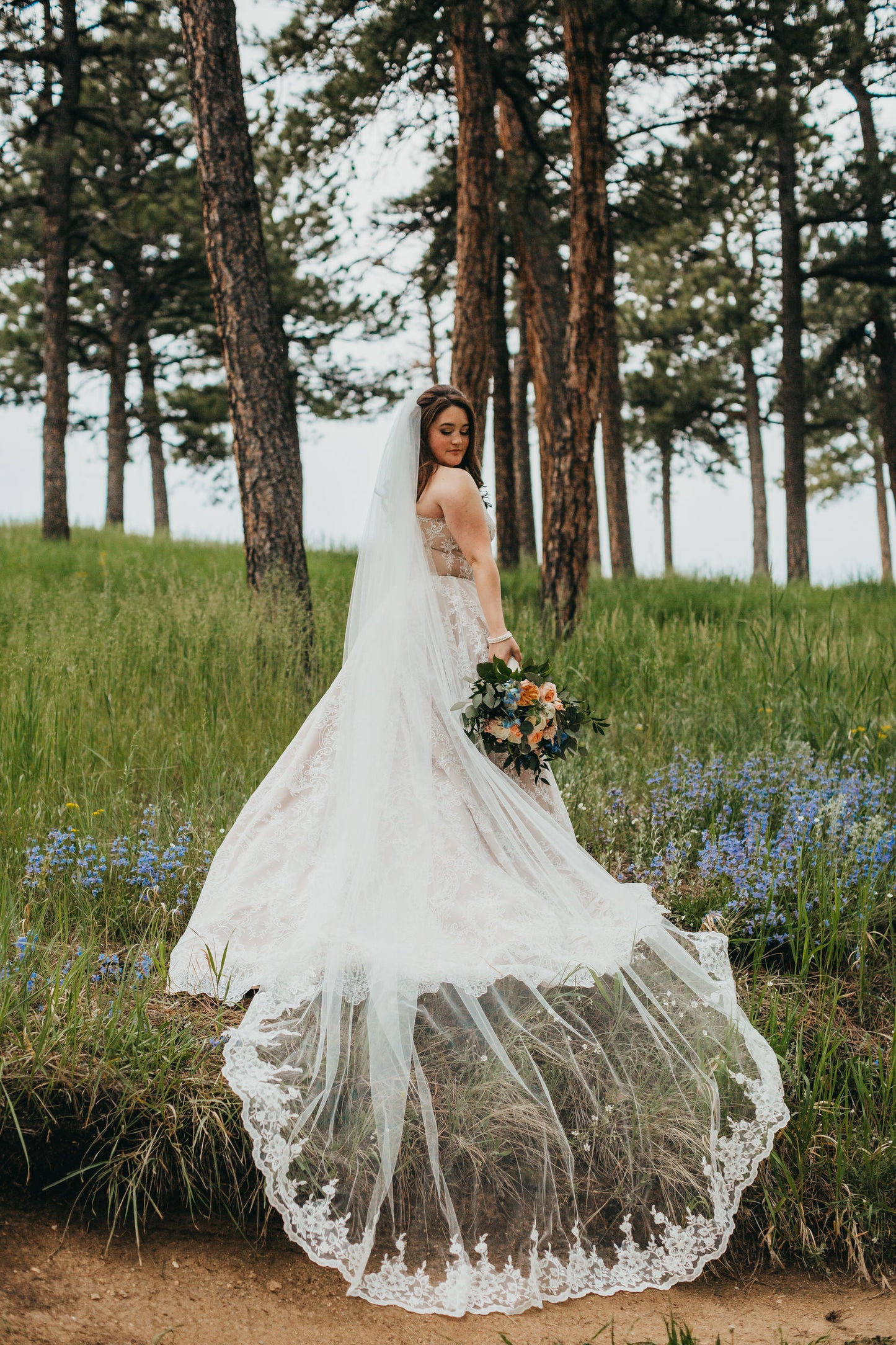 One Blushing Bride Cathedral Veil with Floral French Lace Trim, White/ Ivory White / Cathedral 108 Inches / Lace All The Way Up