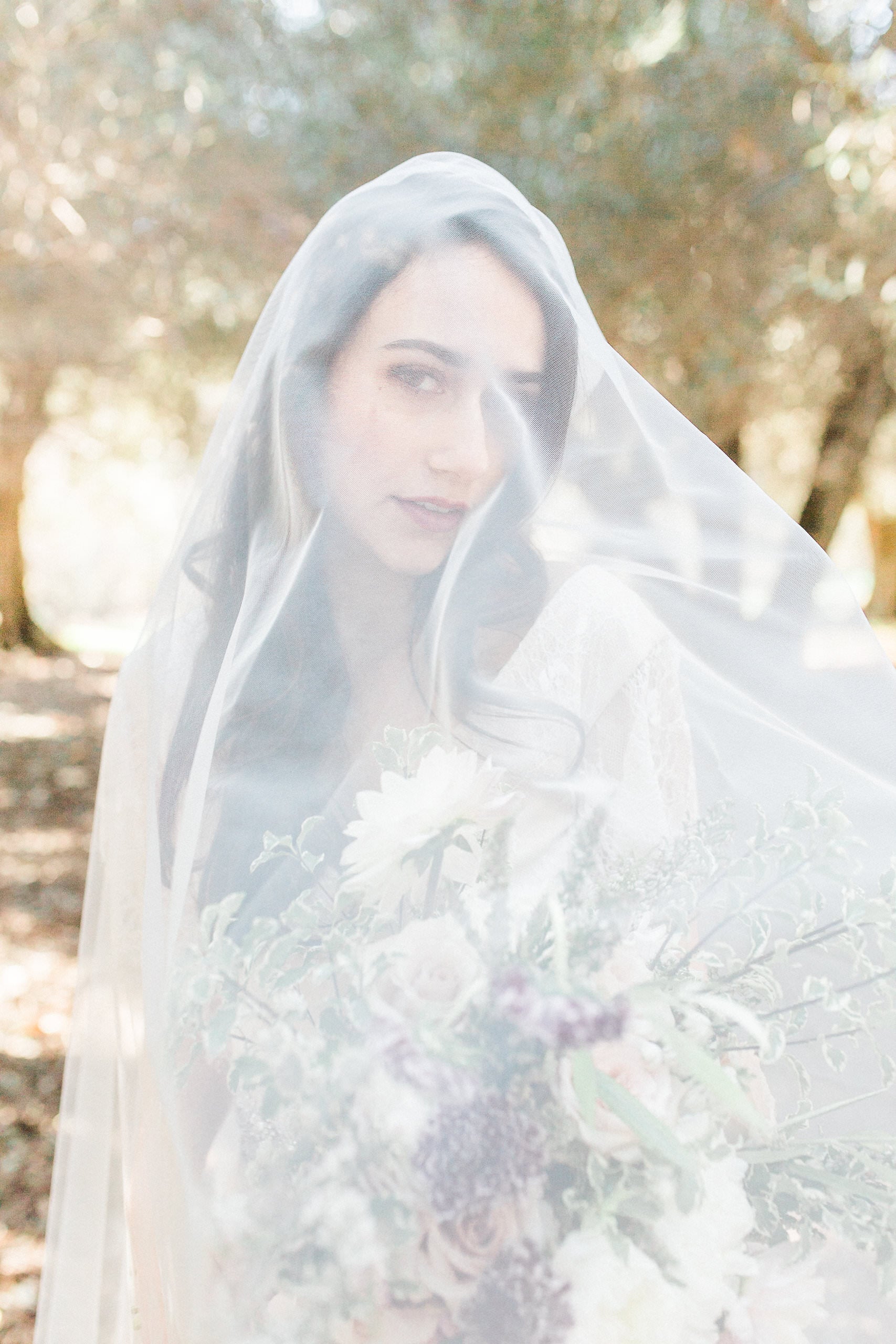 blusher Juliet cap wedding veil and wildflower bouquet