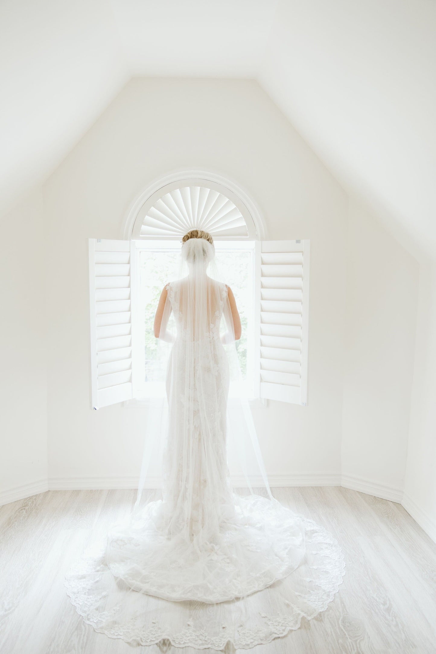 romantic clean lace edged chapel length bridal veil over bride's updo