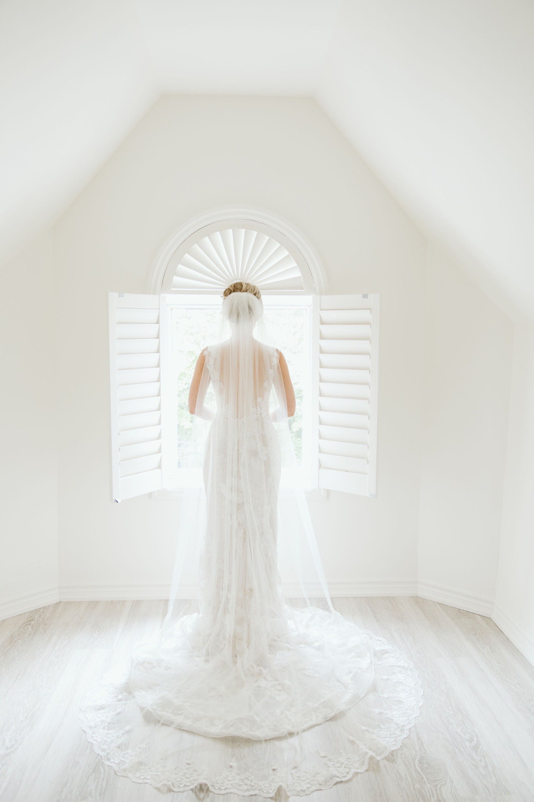 romantic clean lace edged chapel length bridal veil over bride's updo