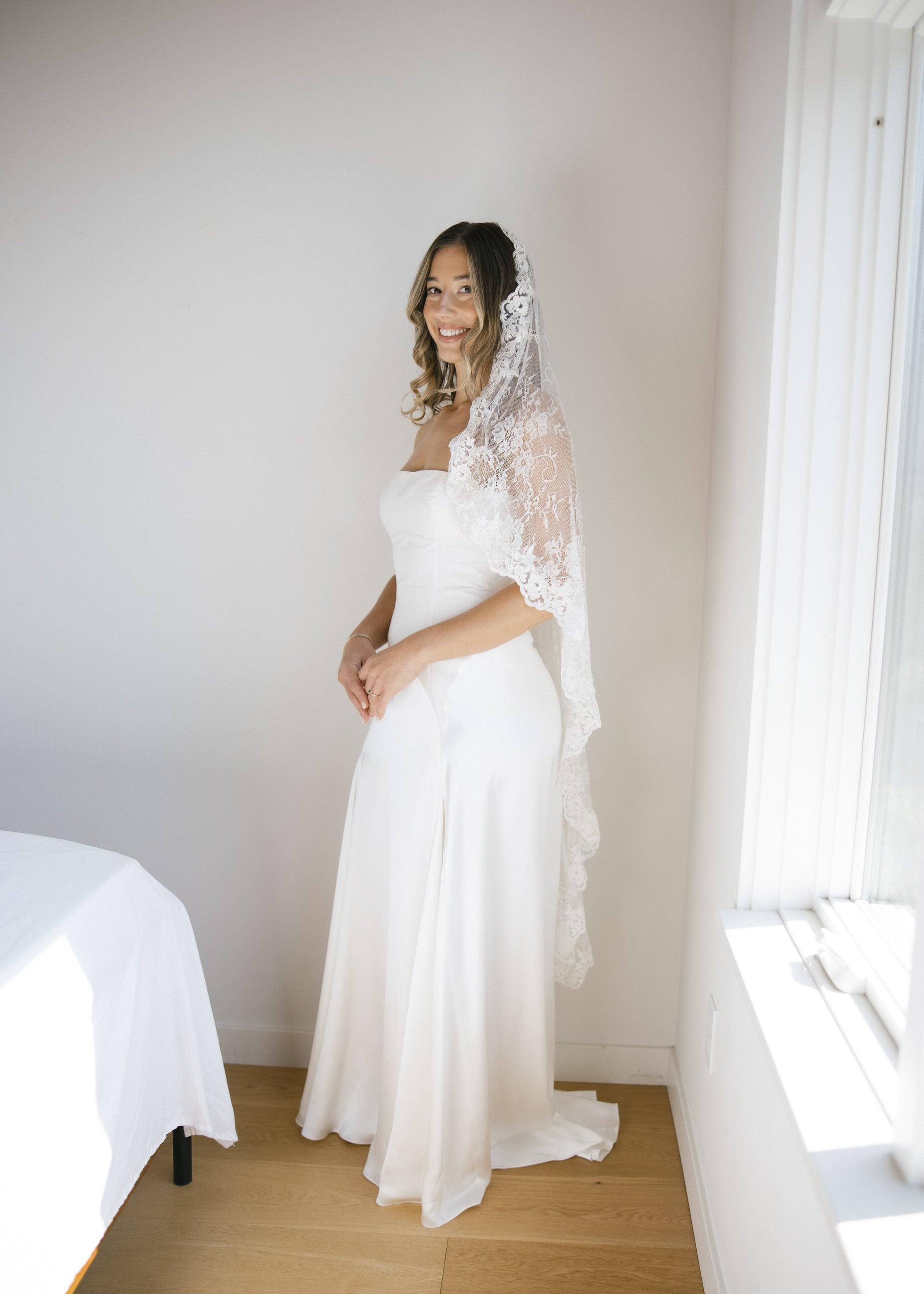 Chantilly Lace Mantilla Wedding Veil, Knee Length in Off White Knee Length Chantilly Lace Mantilla Wedding Veil, Knee Length in Off White Knee Length