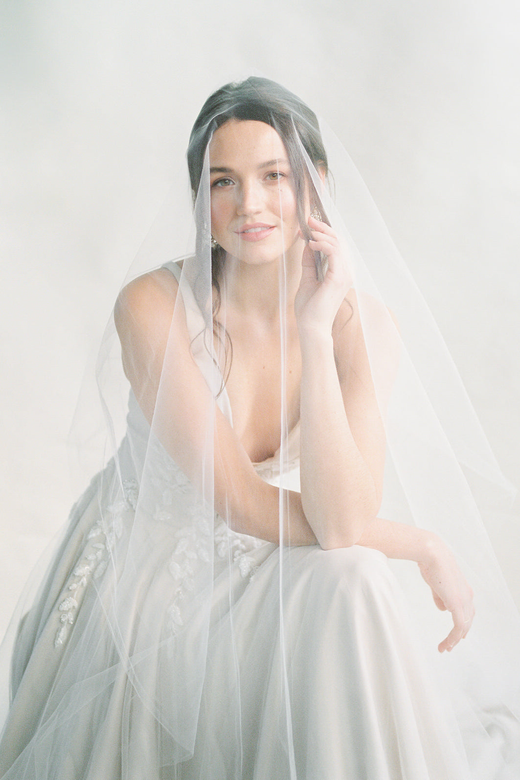 One Blushing Bride Two Tier Drop Wedding Veil, Long Veil with Blusher, Double Layer Ivory / Fingertip 35-40 Inches
