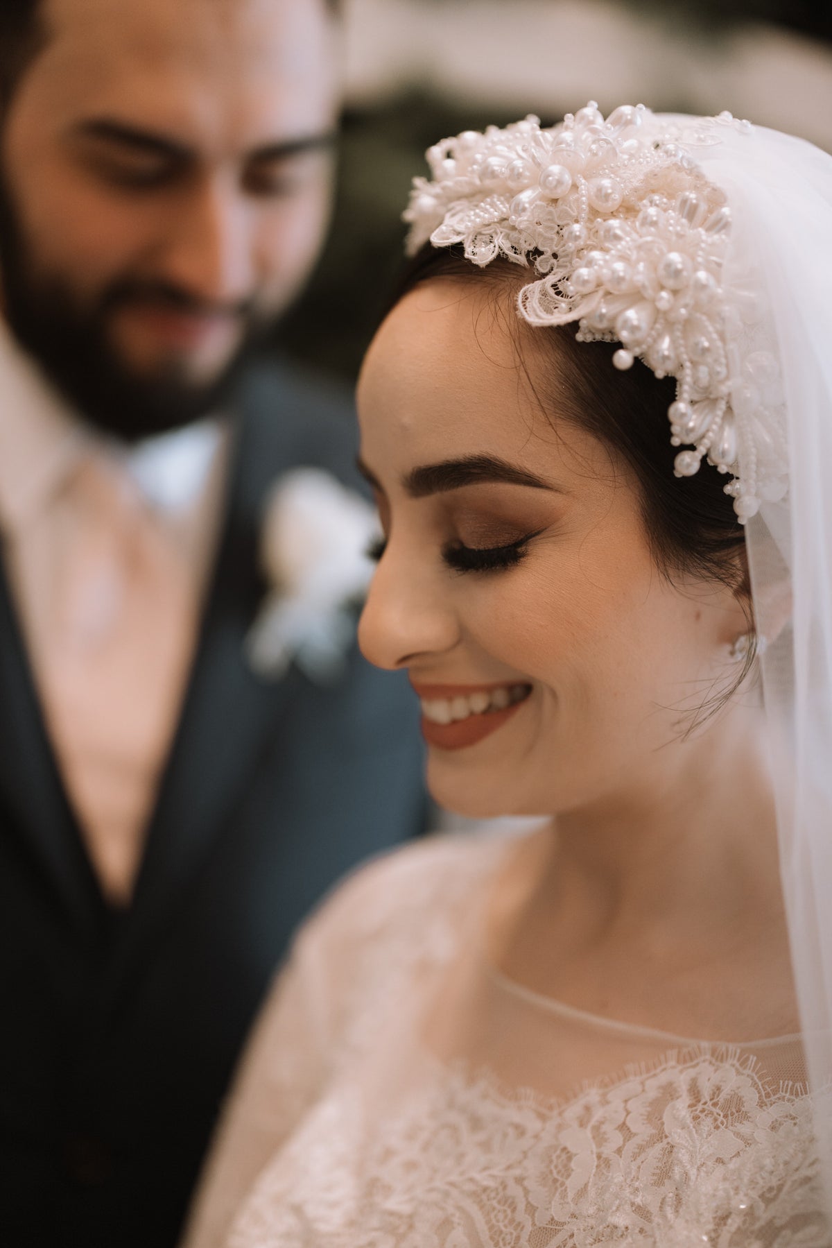Pearl and Lace Headband Bridal Veil: Turban Headpiece – One Blushing Pearl and Lace Headband Bridal Veil: Turban Headpiece – One Blushing