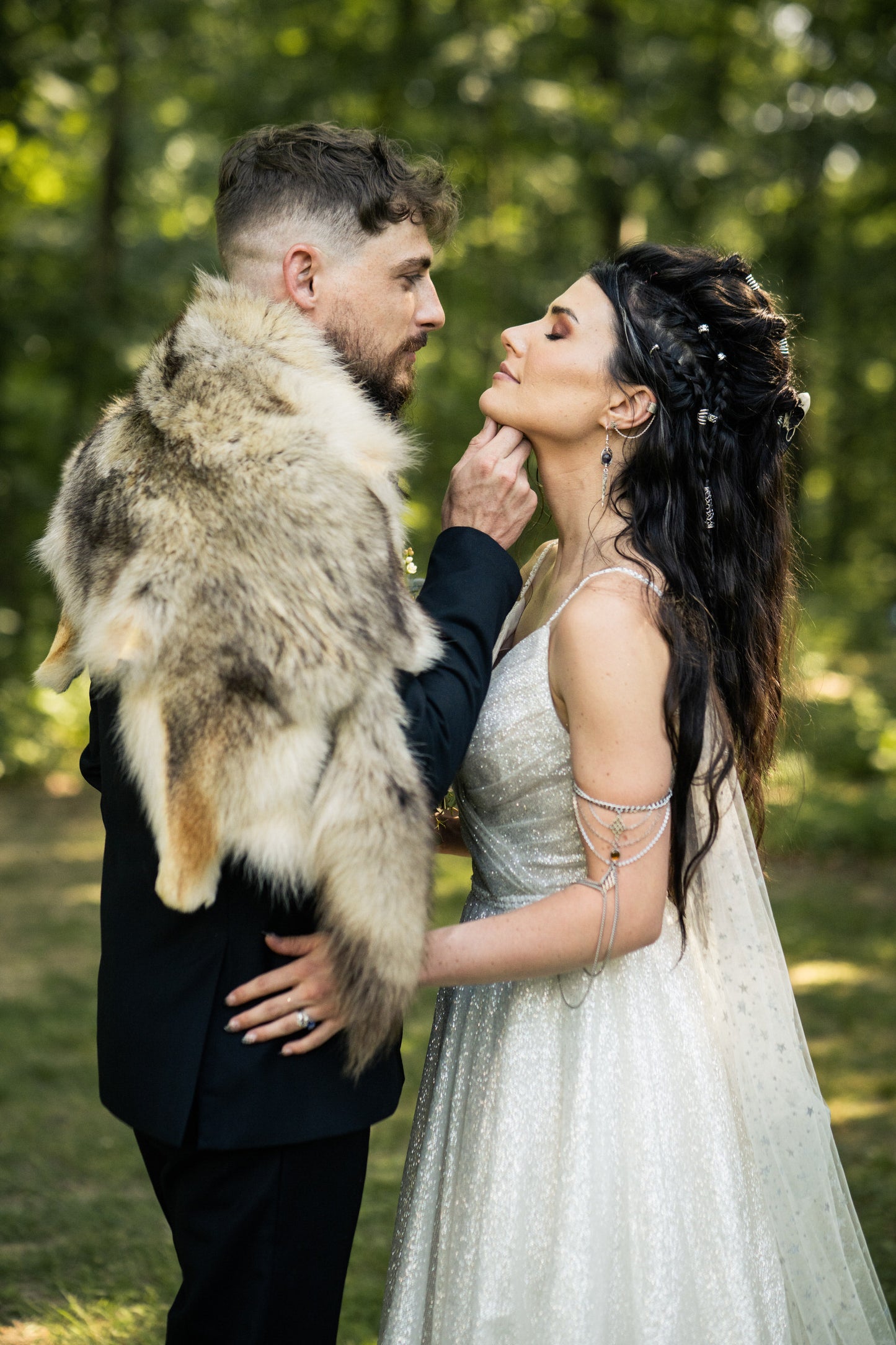 nordic inspired silver cape veil for Viking bride and groom