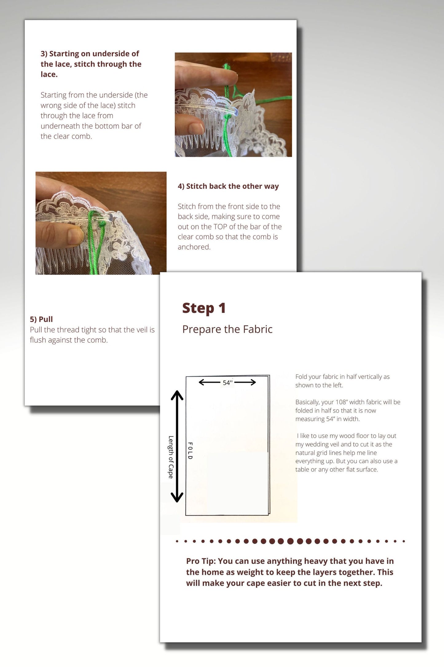 pattern pages and diagrams for sewing a lace wedding veil with comb