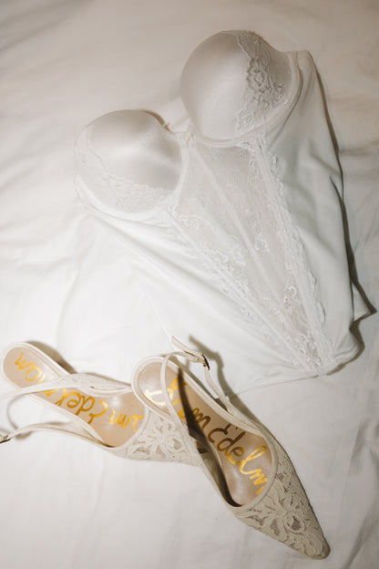 White wedding corset bustier with lace details and matching lace bridal shoes DIY