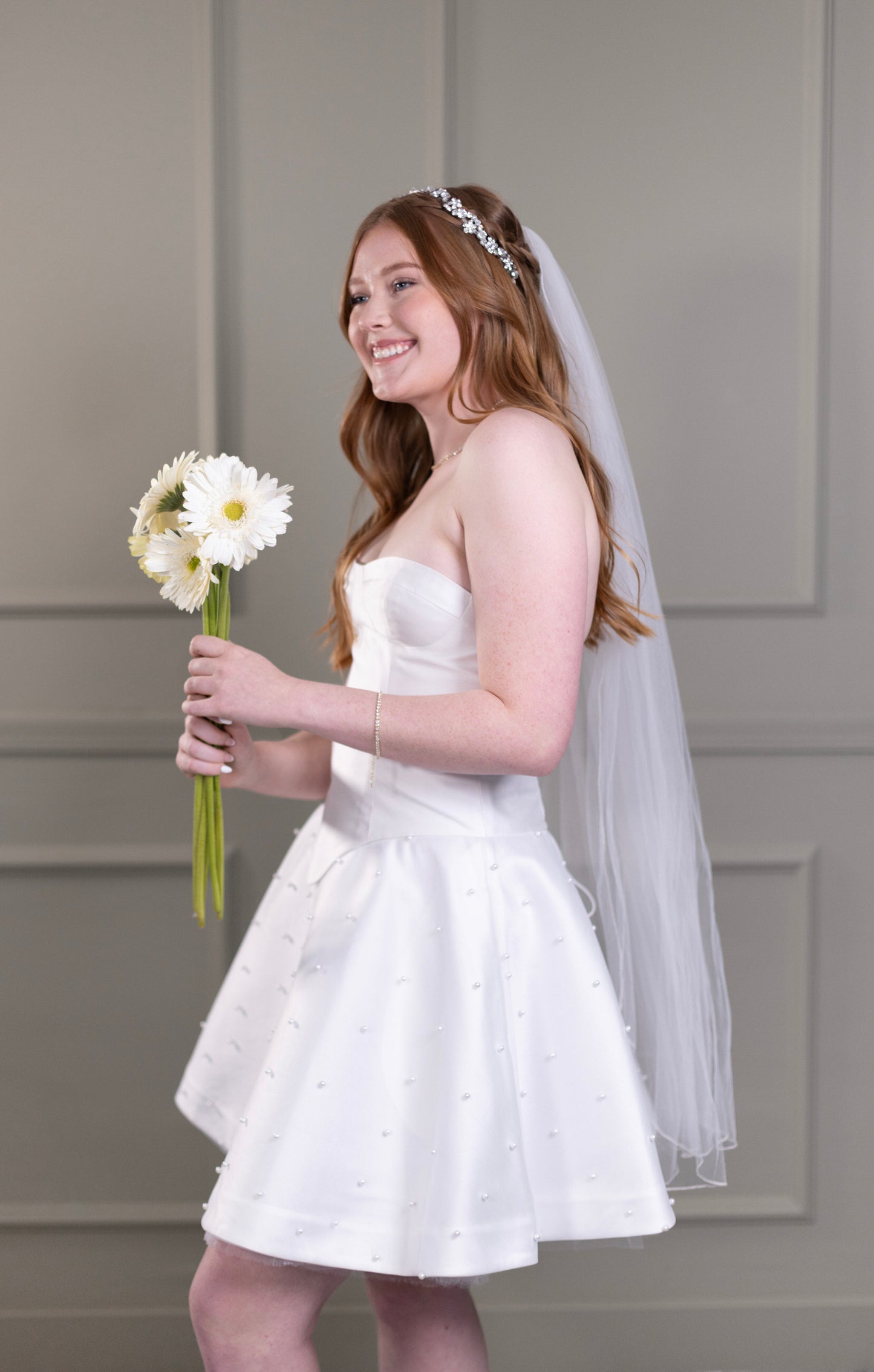 pretty Basque waist short wedding dress and beaded flower silver headband.jpg