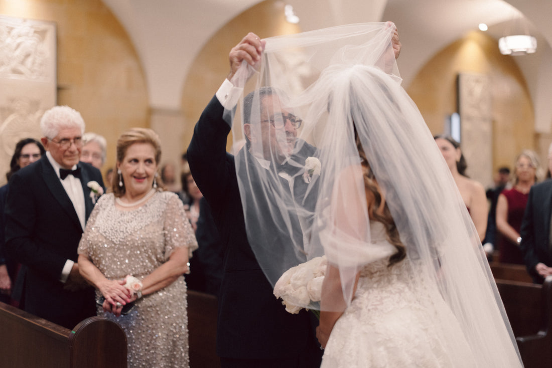 church wedding with extra puffy blusher veil over face