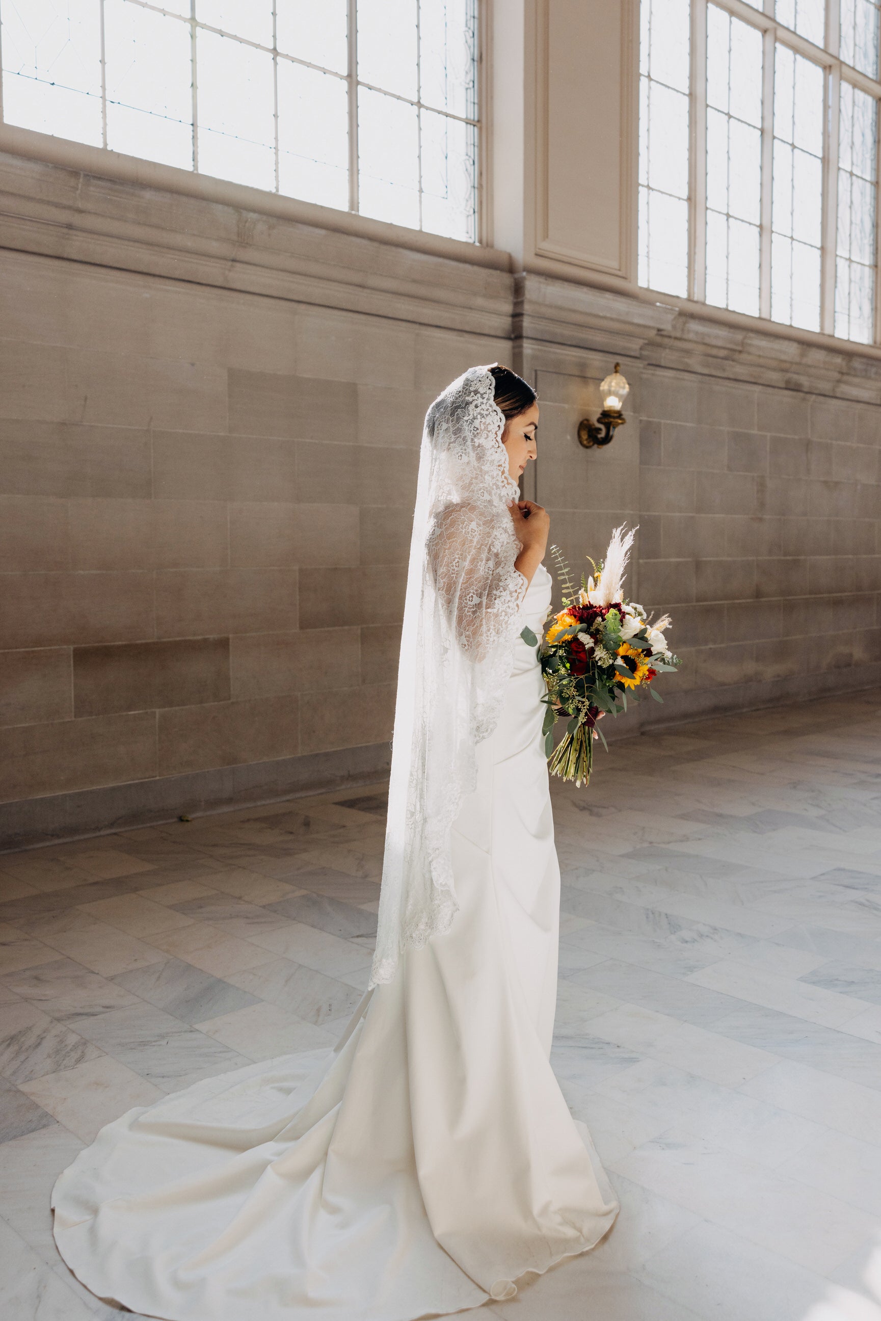 Fingertip Length Mantilla Wedding Veil with Beaded Lace Trim – One 