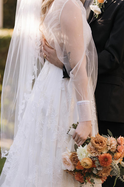 sheer wedding sleeves and leaf mid length wedding veil