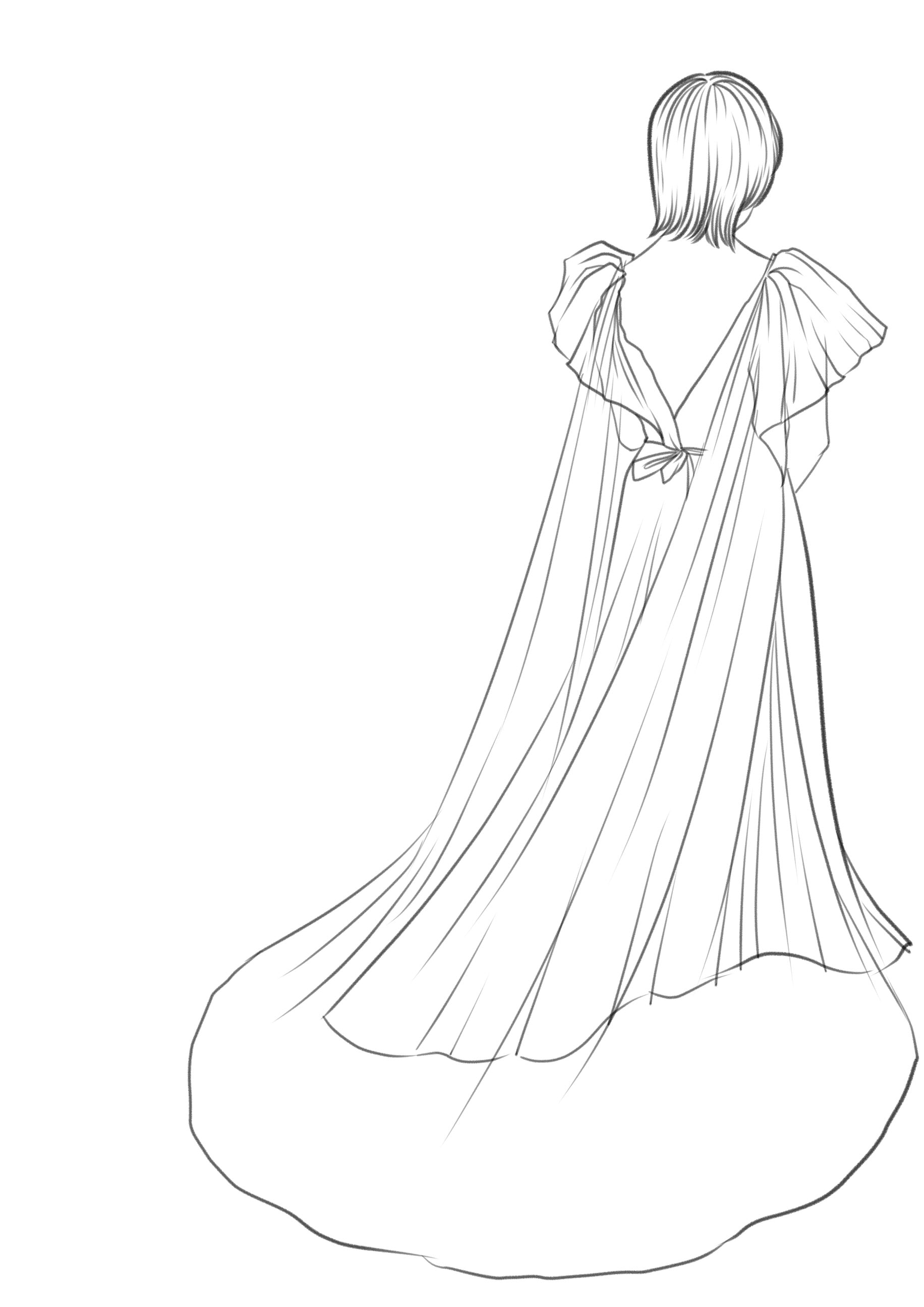 sketch of simple draped bridal cape veil for V back gown with ruffled sleeves