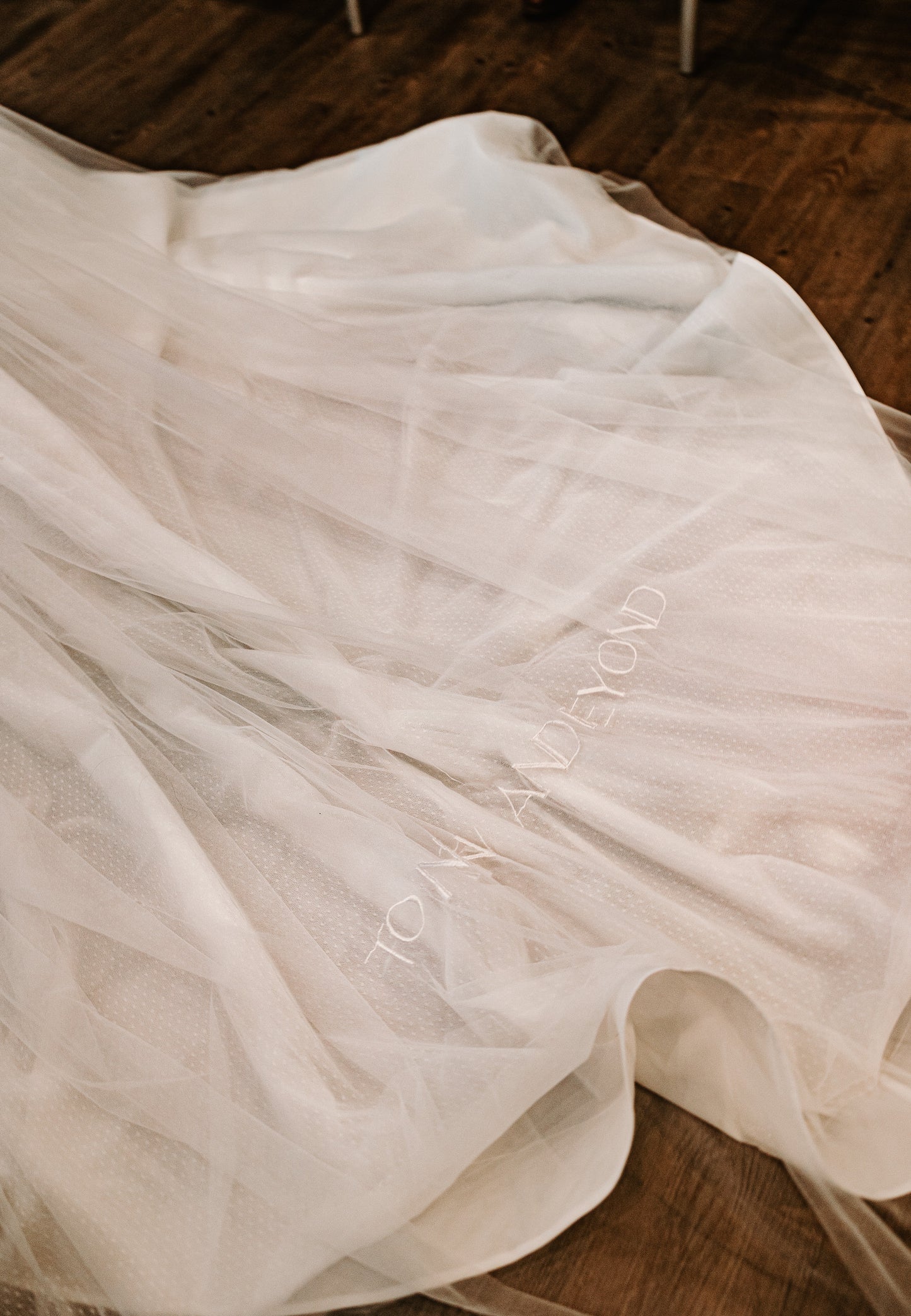 embroidered sans serif wedding veil cathedral length with Disney quote on bottom