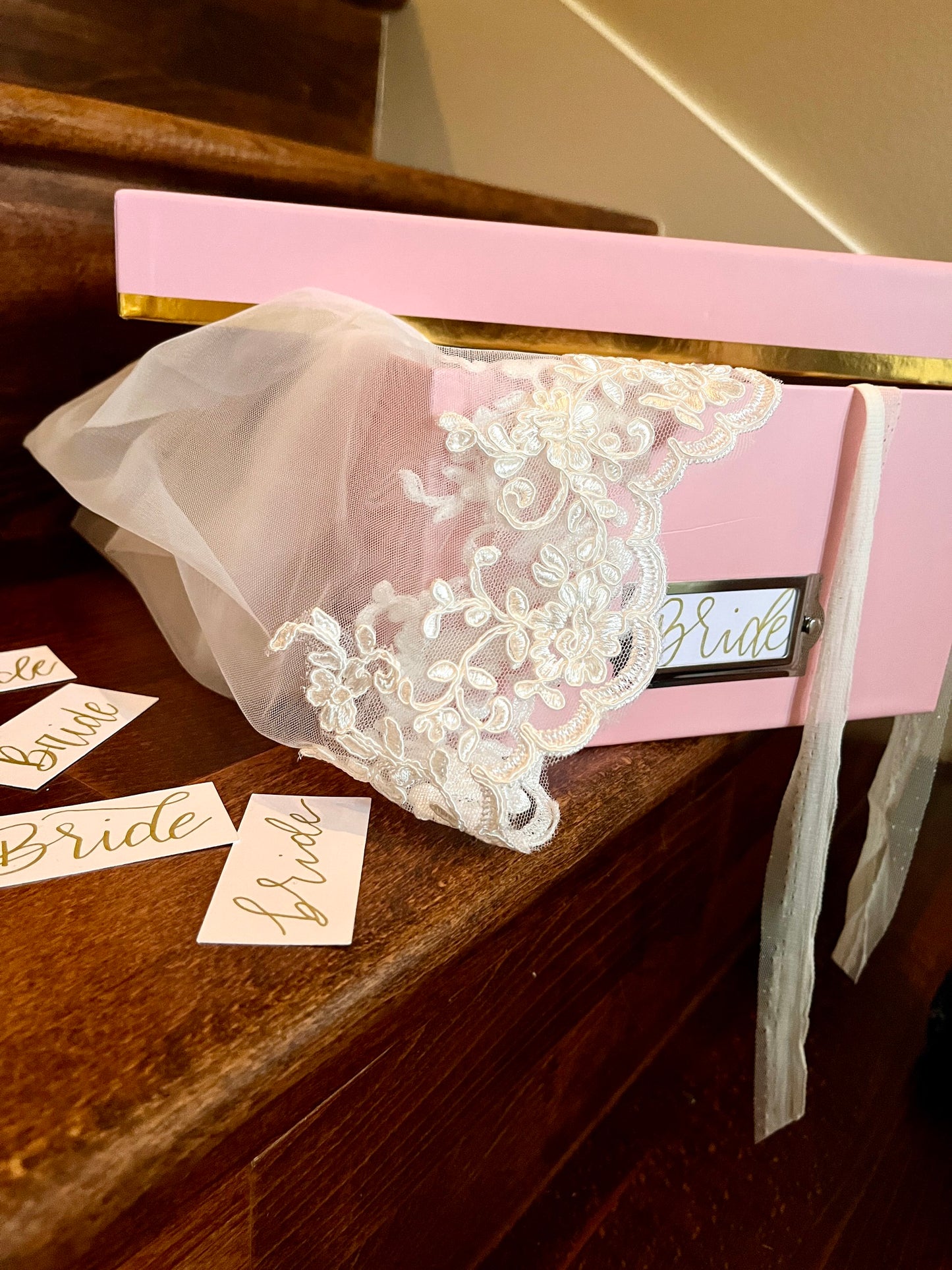 bride keepsake box with materials for wedding veil and dress