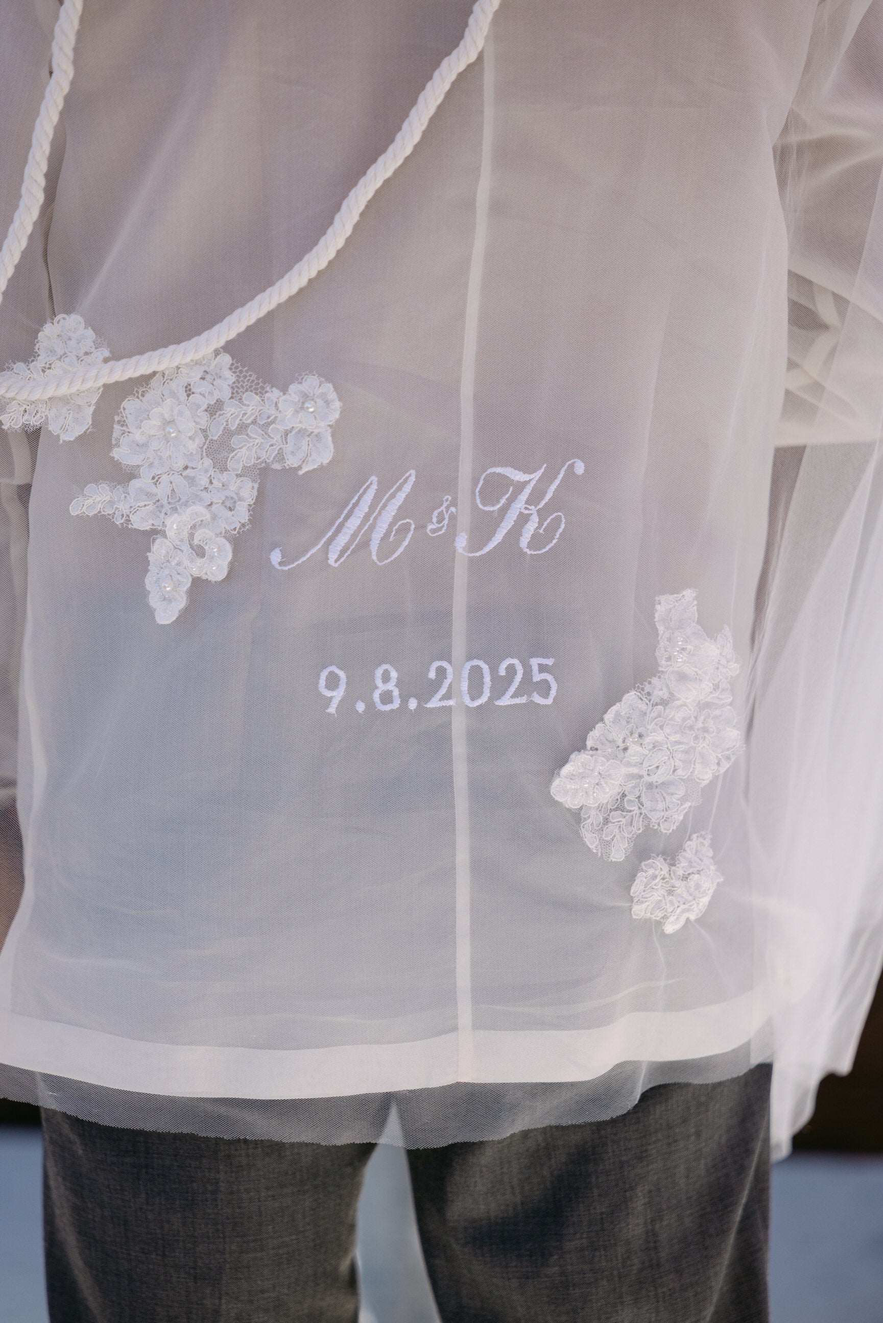 White lace filipino unity veil with embroidered initials and date