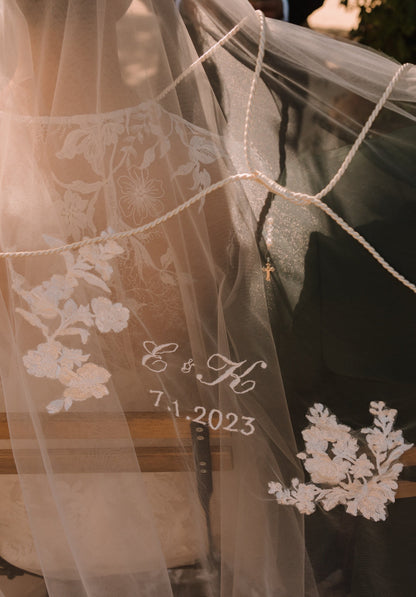 white filipino unity veil with couple's initials and wedding date encircled in lace