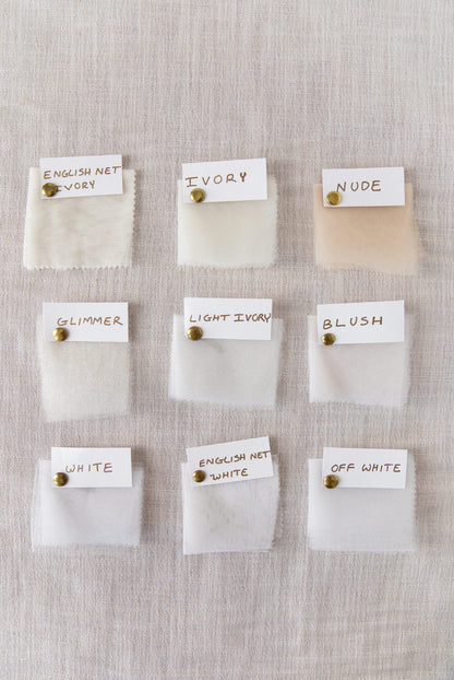 wedding veil tulle color swatches in white and ivory and blush