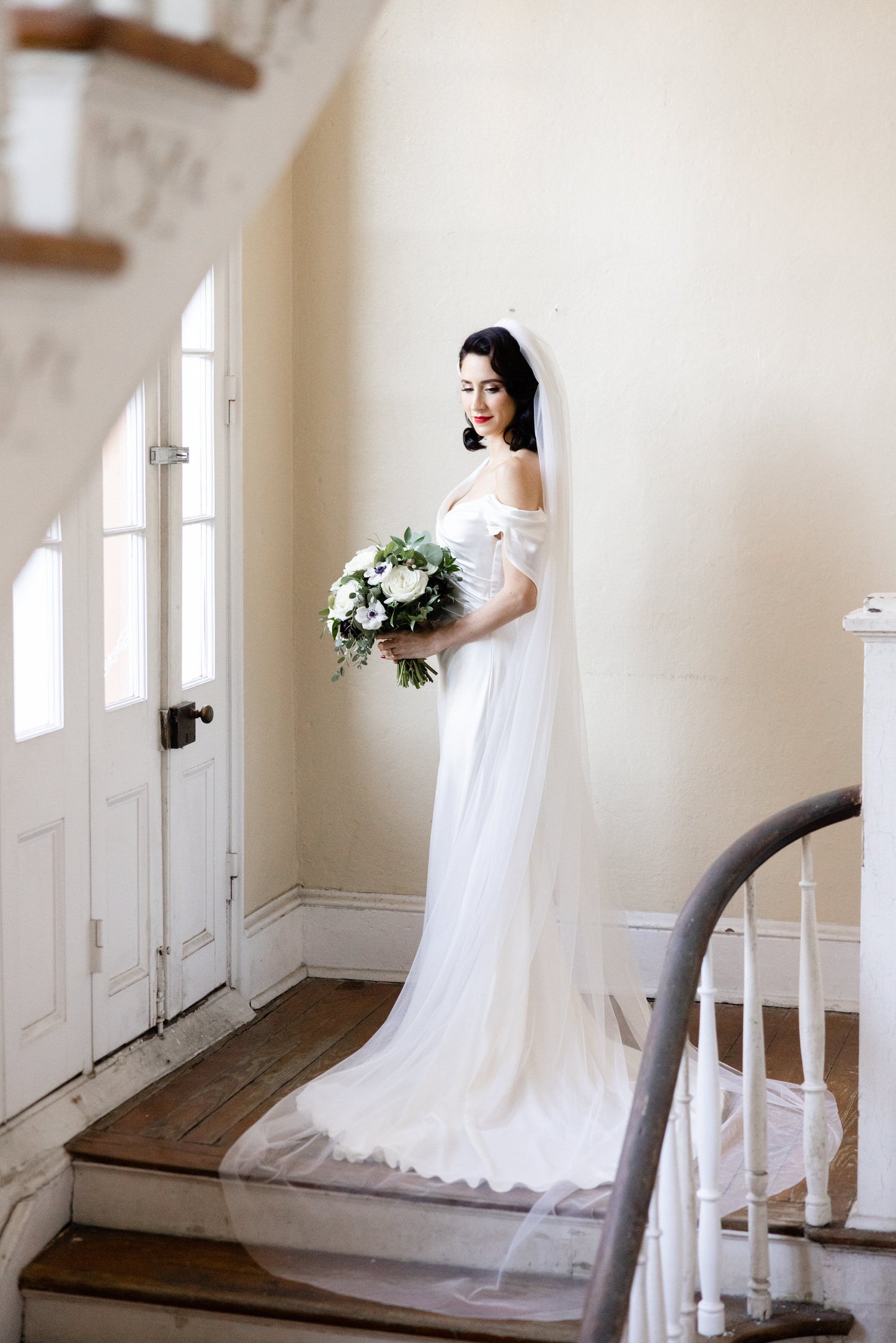 soft English net cathedral length wedding veil with old Hollywood draped off shoulder gown