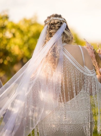 draped bridal cape wedding veil with braid and fringe dress